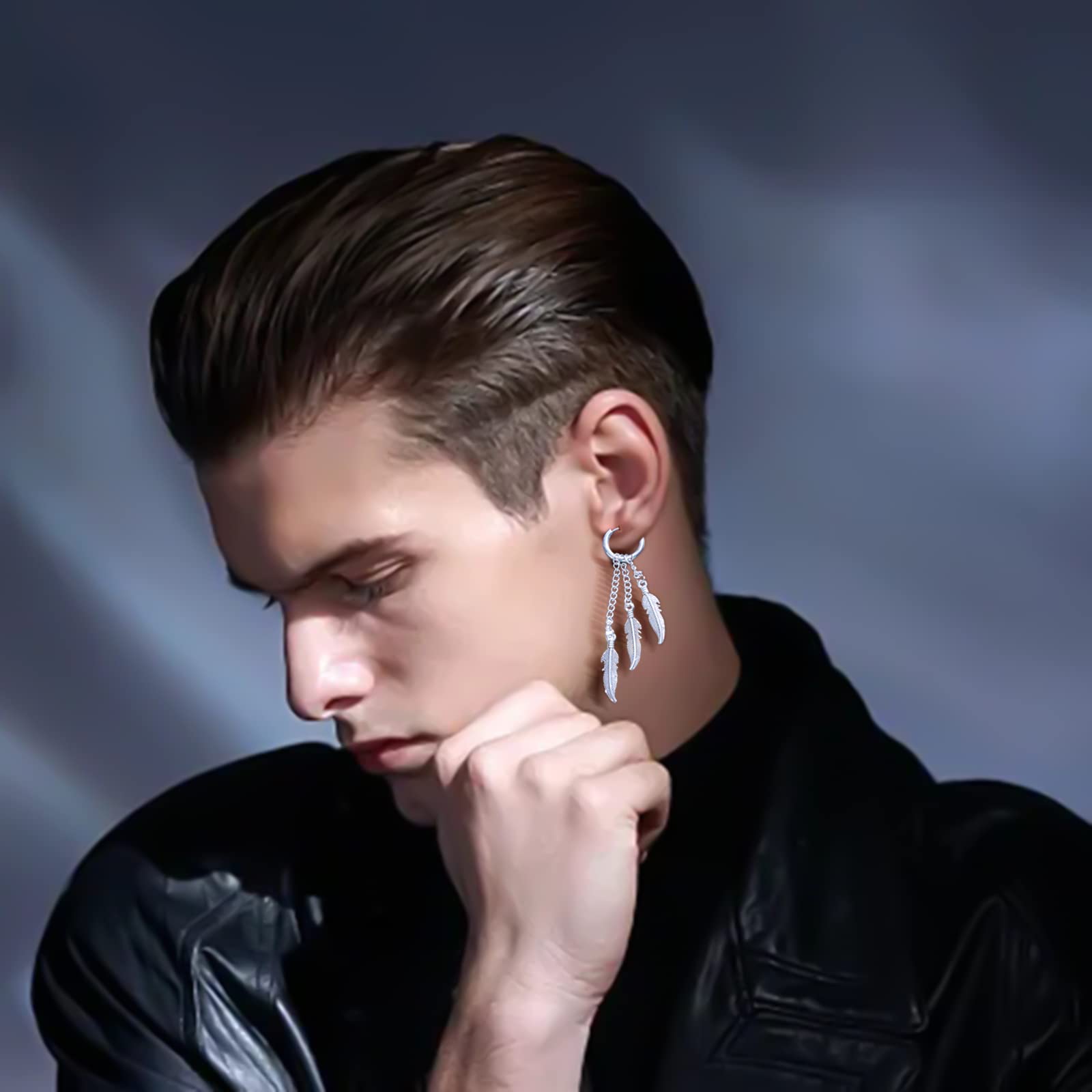Halawly Stainless Steel Feather Chain Earrings for Men & Women - Silver, Gold, Black Punk Long Dangle Earrings Set | Lightweight Fashion Jewelry for Party, Birthday, Concert & Gothic Style Outfits