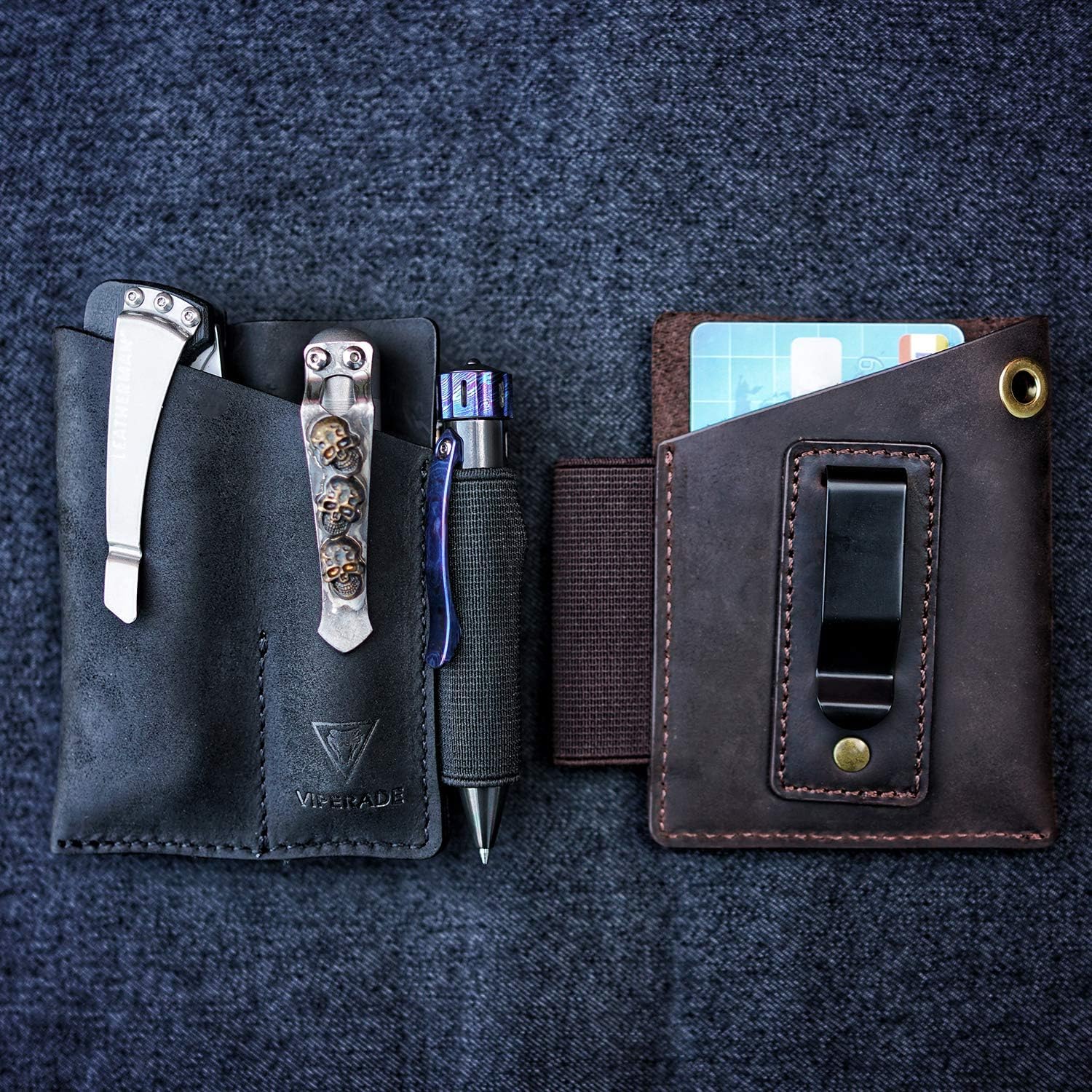 Viperade PJ12 Leather EDC Pocket Organizer - Belt Holster for Multitool, Flashlight & Knife with Pen Loop & Clip | Perfect for Outdoor, Camping & Everyday Carry (EDC) Gear Organization