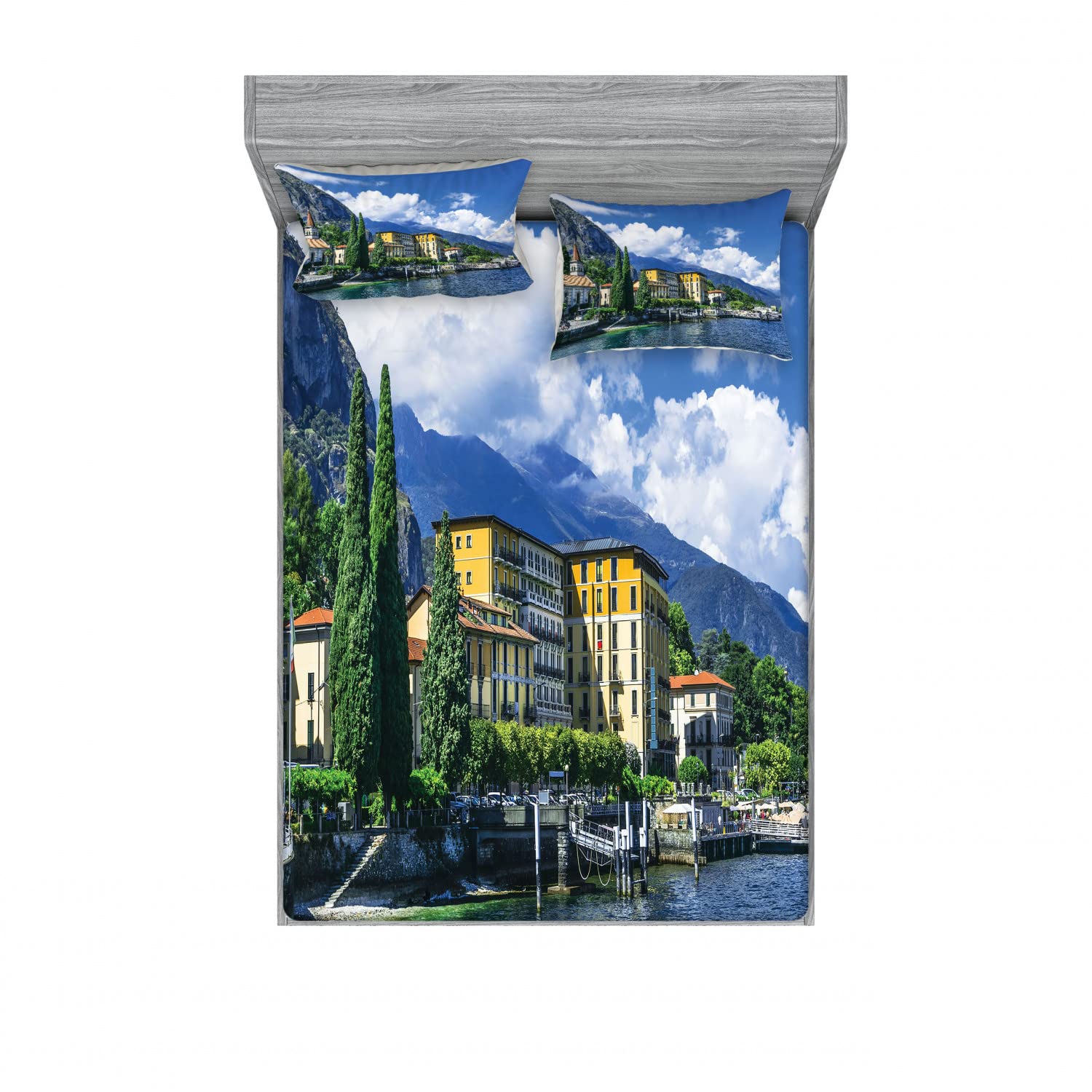 Ambesonne Italy 2-Pack Queen Size Fitted Sheet & Pillow Sham Set - Lake Como Landscape Design, 4-Piece Bedding Set (2 Fitted Sheets + 4 Pillow Covers) in Blue & Green - Luxury Hotel Style Bedroom Decor for Master Bedroom, Guest Room & Vacation Homes