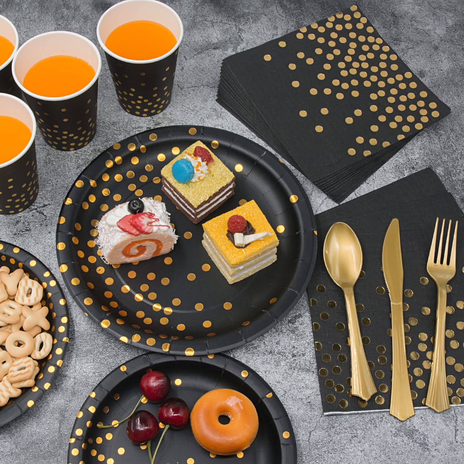 350PCS Black and Gold Party Supplies Set - Disposable Dinnerware with Gold Dot Paper Plates, Napkins, Cups & Plastic Cutlery for Birthday, Wedding, Baby Shower Decorations - Elegant Tableware for Women & Men's Special Events