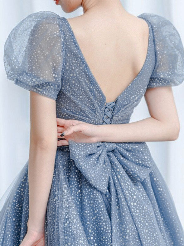 Elegant Blue Tulle V-Neck Long Prom Dress for Sweet 16 Party | Formal Evening Gown for Homecoming, Quinceañera & Special Occasions