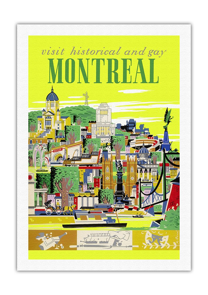 Vintage 1955 Montreal Canada Travel Poster by Roger Couillard - Historical & Gay District Art Print - 27x40 Inch Rolled Canvas Wall Decor for Home, Office & Travel Enthusiasts