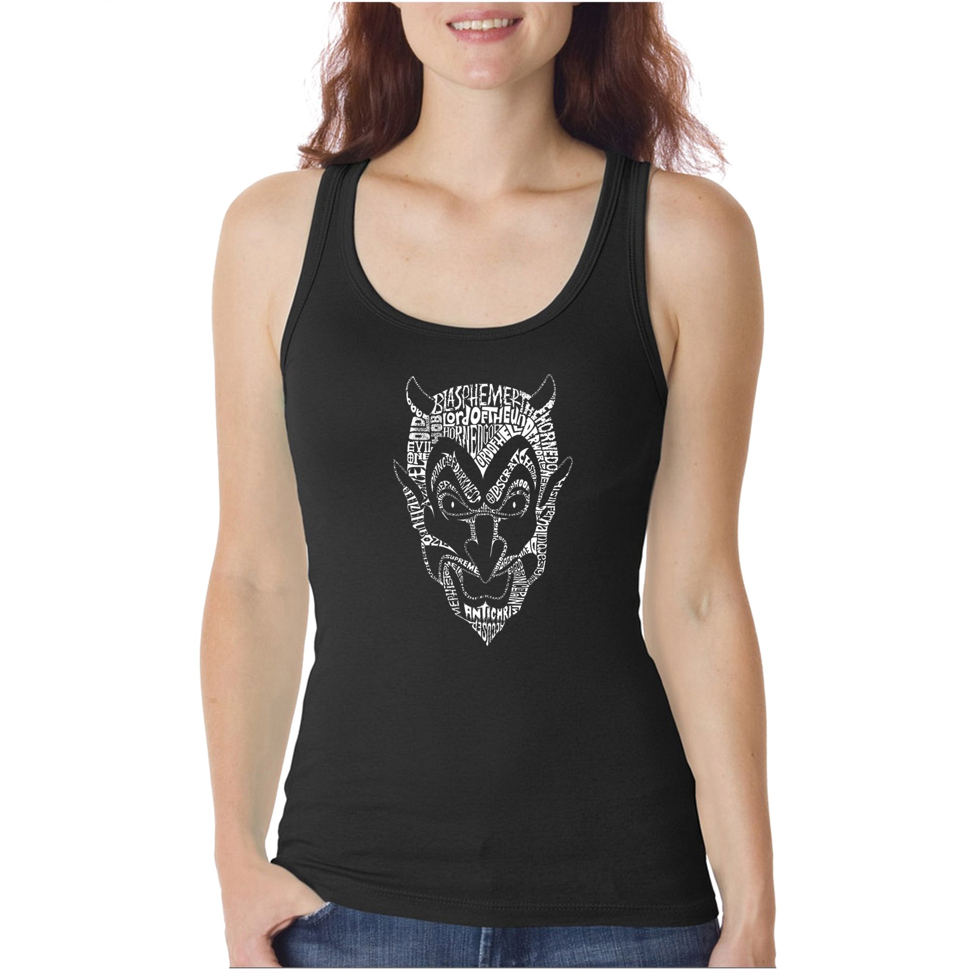 LA POP ART Women's Graphic Word Art Beater Tank Top - Devil Print Casual Sleeveless Shirt for Summer Outfits, Music Festivals & Streetwear Fashion