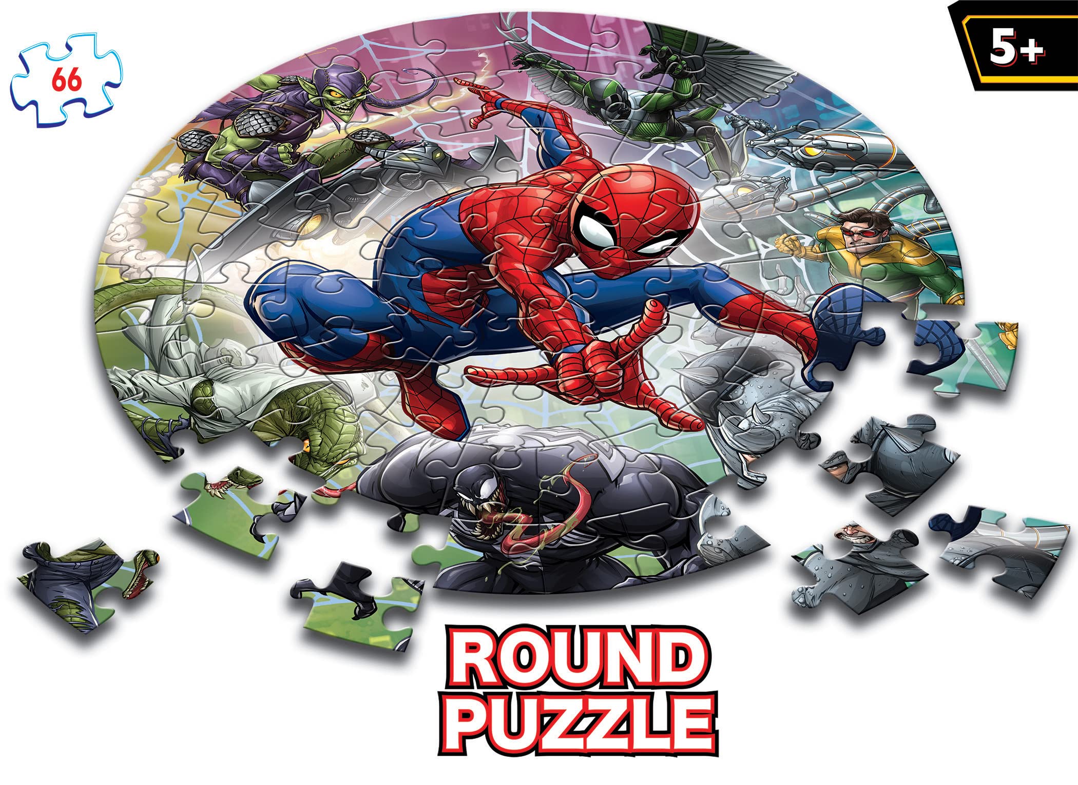Spider-Man Round Puzzle for Kids - 66 Piece Marvel Superhero Puzzle Game for Ages 5+ | Fun Educational Brain Teaser to Improve Focus & Memory | Perfect for Birthday Gifts & Family Game Night