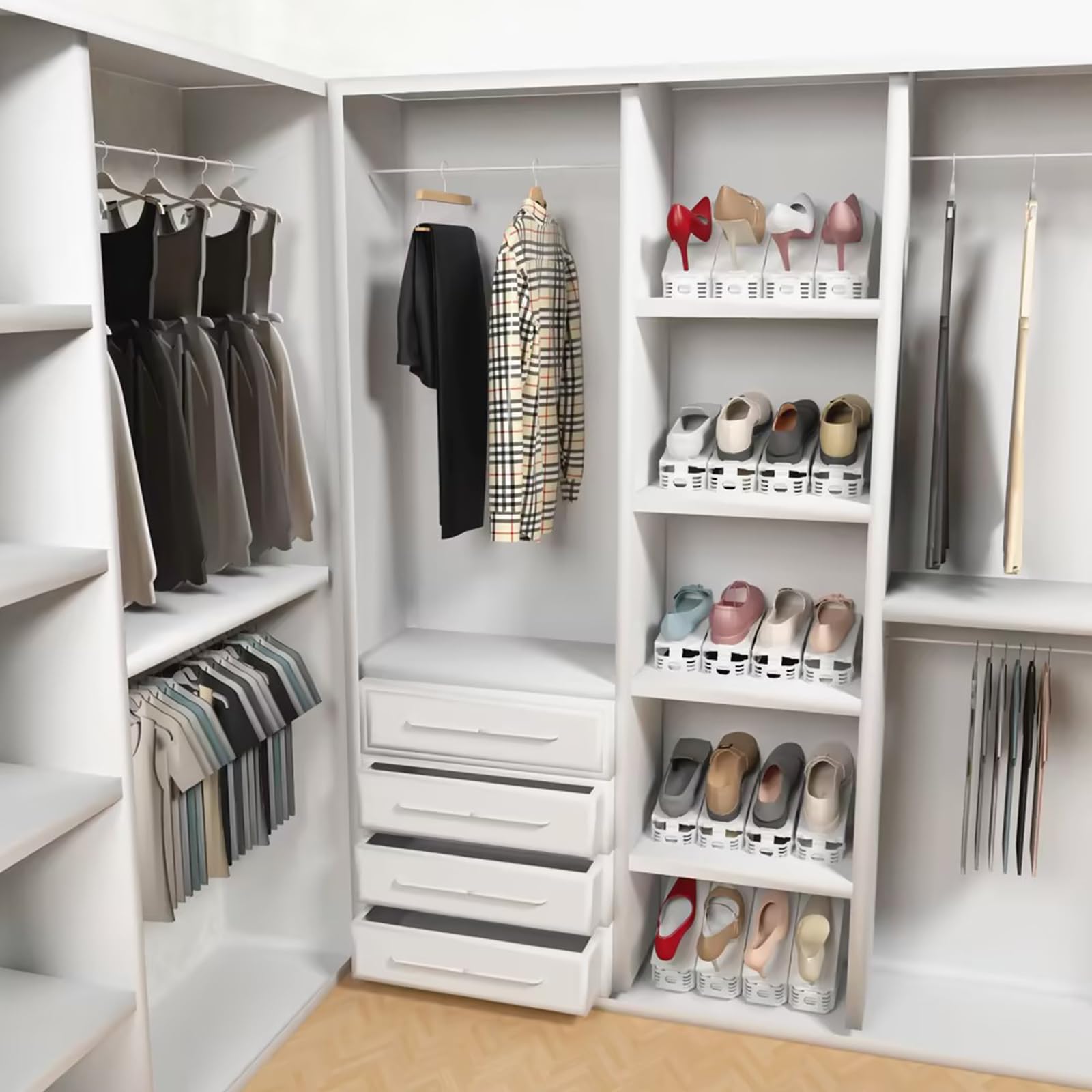 QINGUANG 20 Pack Adjustable Shoe Organizer - 4 Height Double Layer Shoe Stacker Space Saver for Closet Storage (White) | Perfect for Small Spaces, Apartment Organization & Shoe Display