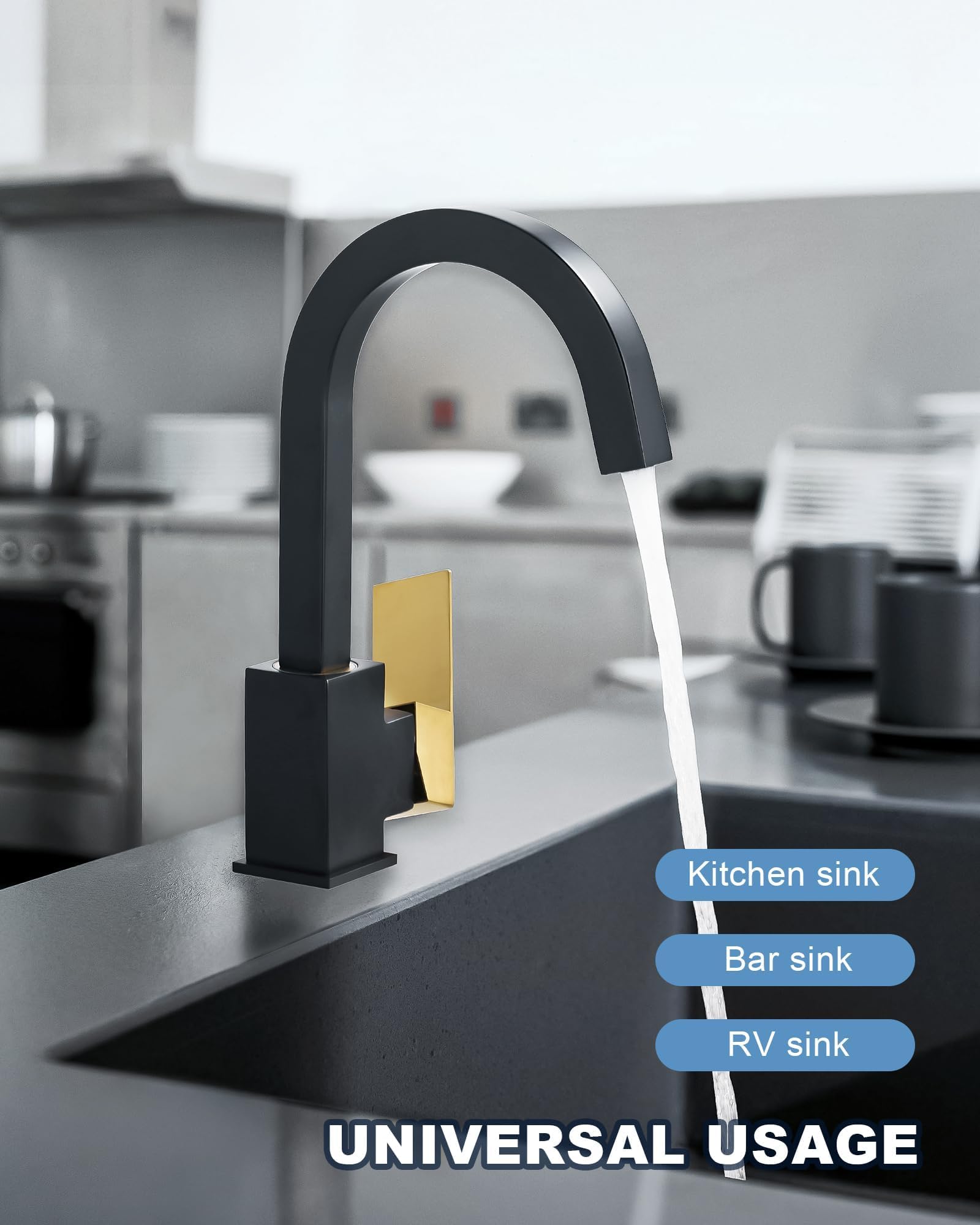 Black Gold Single Hole Bar Sink Faucet - Stainless Steel Wet Bar Faucet with Single Handle for Kitchen, Bathroom, RV & Restroom Sinks - Rust-Resistant Square Design - Perfect for Small Spaces, Outdoor Bars & Compact Kitchens