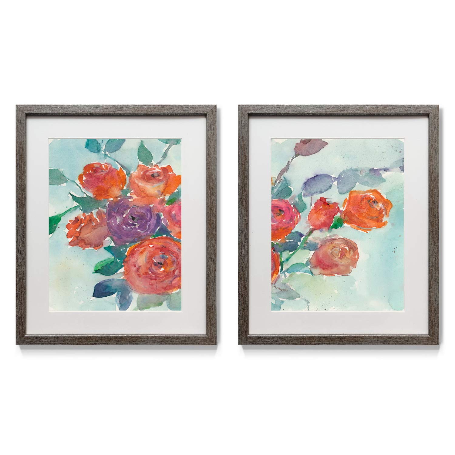 Renditions Gallery Watercolor Roses 2-Piece Framed Art Set - Colorful Floral Botanical Flower Painting in Orange & Red with Distressed Silver Frame, White Mat & Plexiglass - 16x20 Inches - Made in USA - Perfect for Living Room, Bedroom, or Office Wall Decor