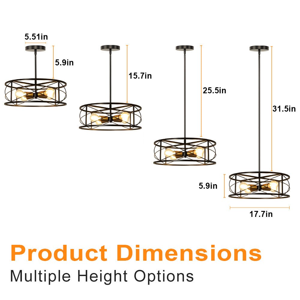 DLLT 4-Light Black Round Pendant Lighting Fixture - 18 Inch Industrial Metal Drum Cage Chandelier - Farmhouse Hanging Light for Dining Room Kitchen Living Room Bedroom Hallway - Perfect for Rustic Home Decor & Modern Interior Design