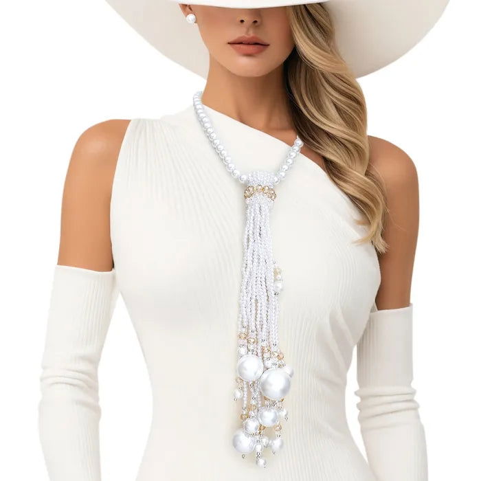 Elegant White Pearl Long Tassel Necklace Set for Women | Classic Jewelry Gift for Bridal, Party & Evening Wear