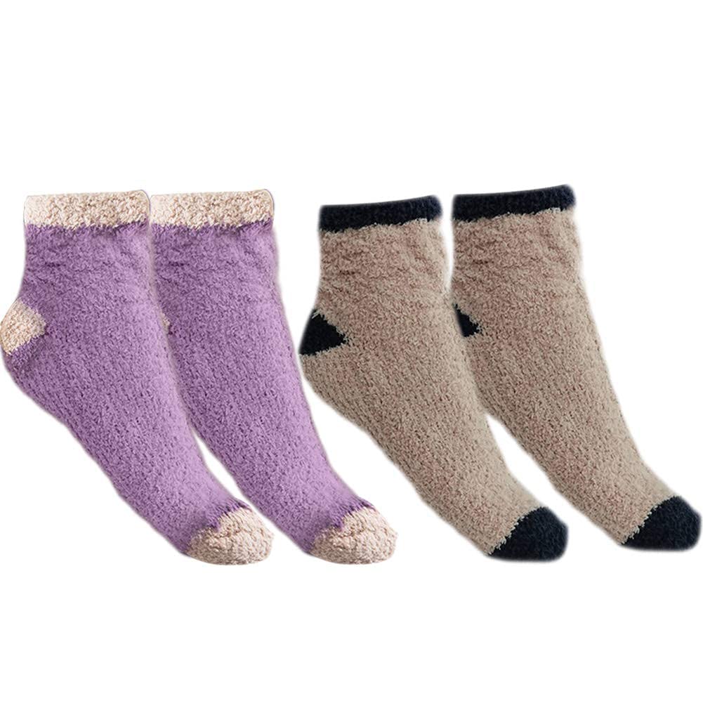 YASSUN Cozy Home Sleeping Socks - Non-Slip Carpet Floor Socks for Women & Men - Free Size (Purple & Khaki, 2 Pairs) - Perfect for Winter, Bedtime & Indoor Comfort