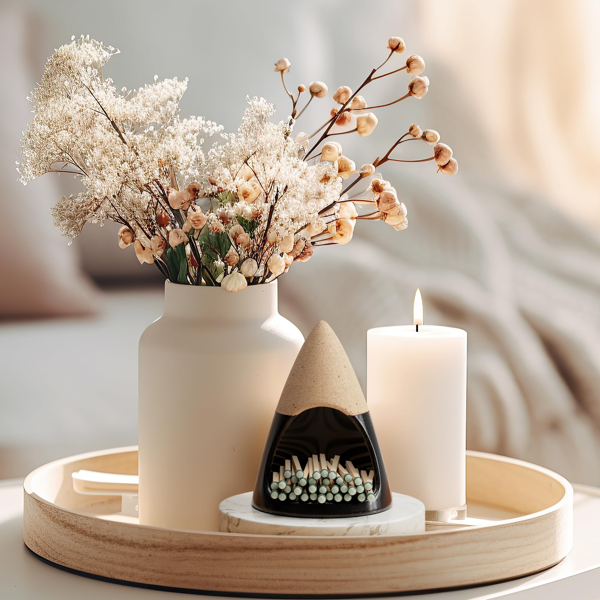 Kazzu Ceramic Match Holder with Striker - Decorative Matchstick Dispenser for Fireplace, Candles & Kitchen (Matches Sold Separately) | Rustic Home Decor & Useful Fire Starter Accessory
