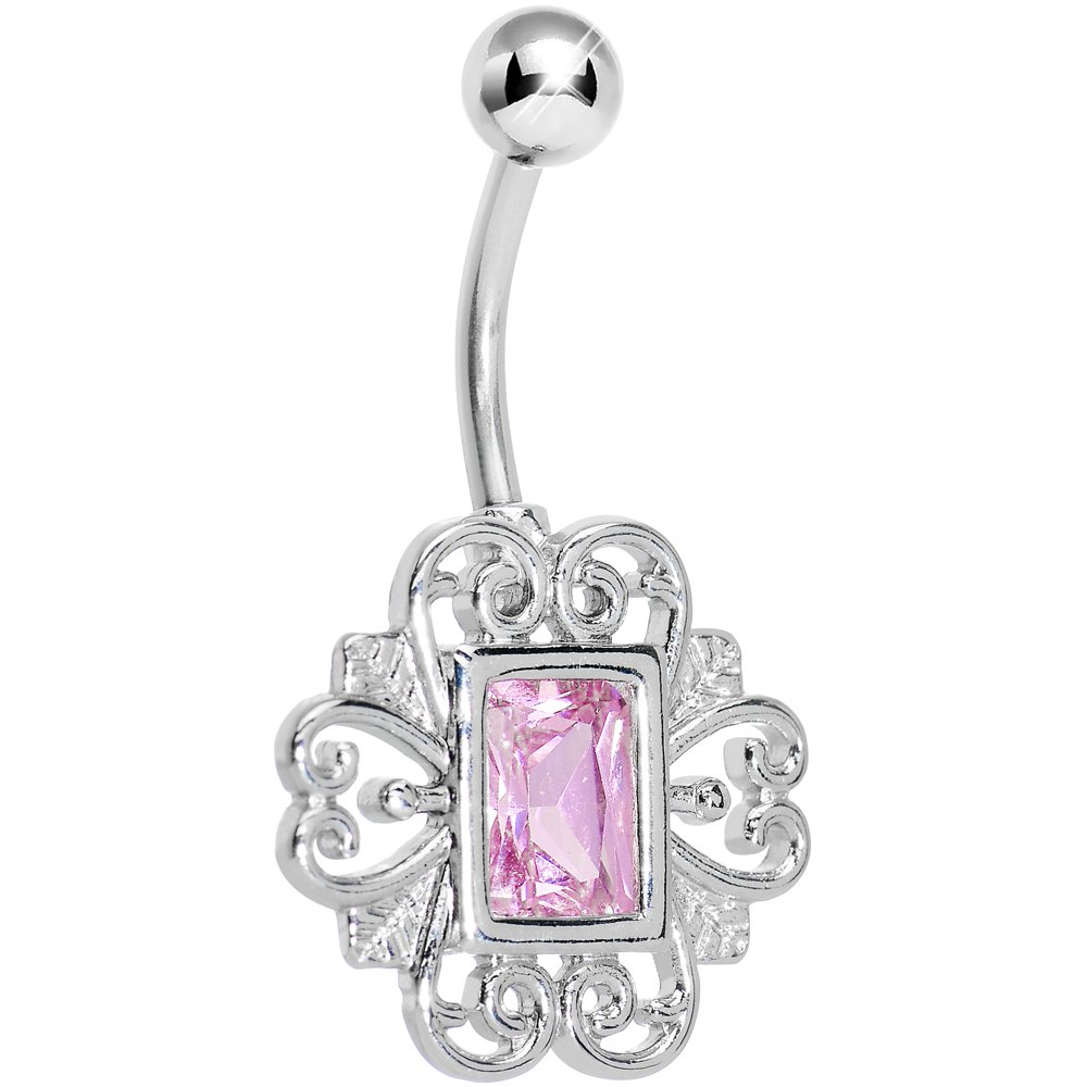 Stainless Steel Pink Accent Filigree Belly Button Ring - Body Jewelry for Women | Perfect for Piercing, Parties & Everyday Wear