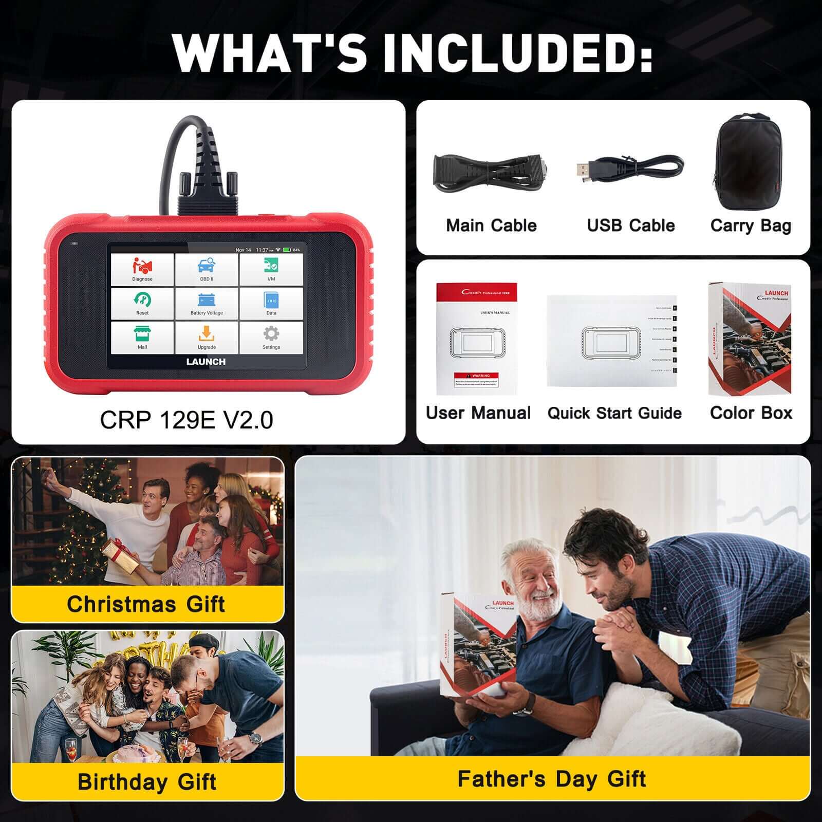 2025 LAUNCH CRP129E V2.0 Elite OBD2 Scanner - Professional Diagnostic Tool for Engine, ABS, SRS & Transmission with 12 Resets | Injector Coding, ABS Bleed, Oil/EPB/TPMS | FCA AutoAuth, Auto VIN | Free Lifetime Updates | Perfect for Mechanics & DIY Car Repair