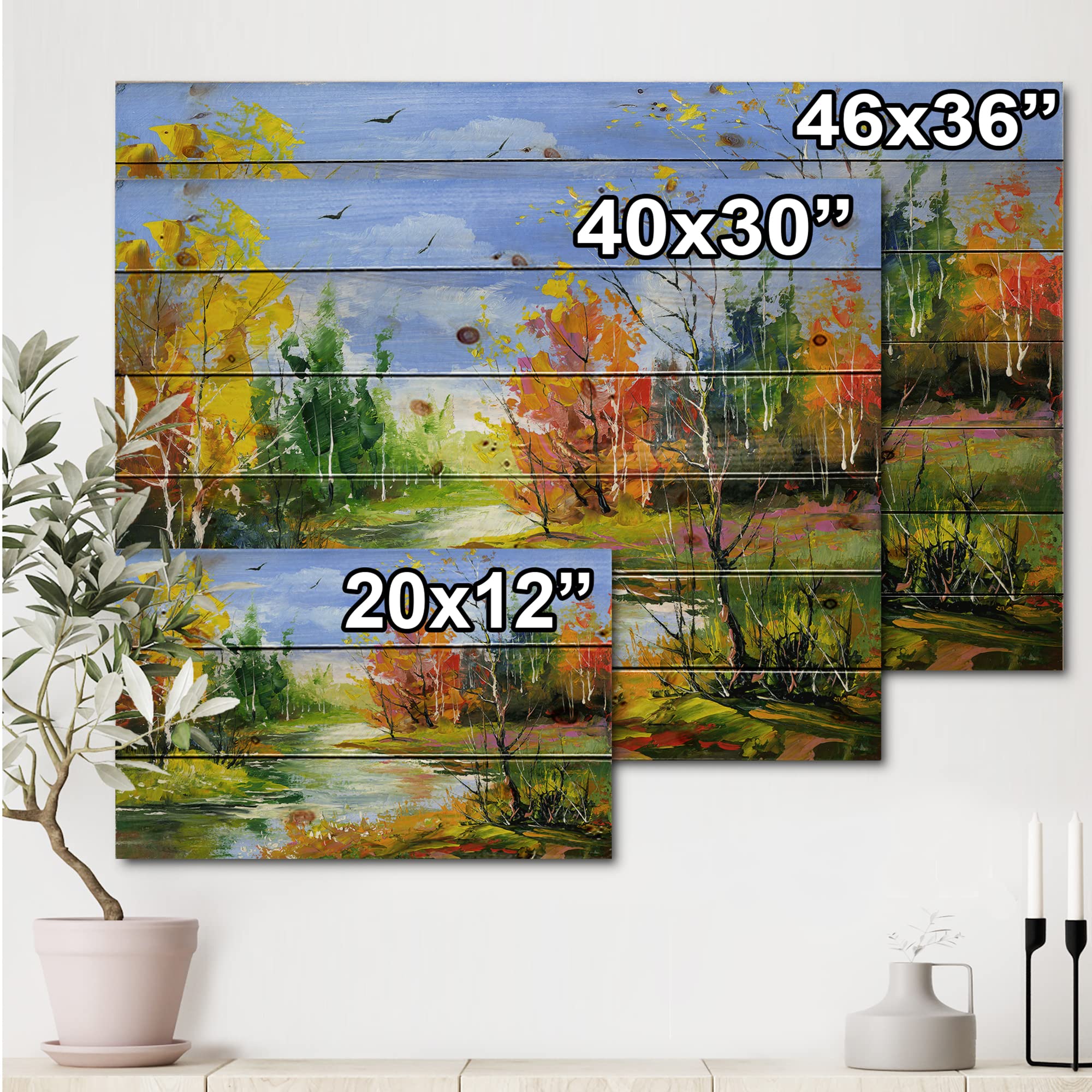 Autumn Landscape Wood Wall Decor - Wood River Lake House Art Panel, Large Green Nature Scenery Printed on Natural Pine Wood - Perfect for Living Room, Bedroom & Office Decoration