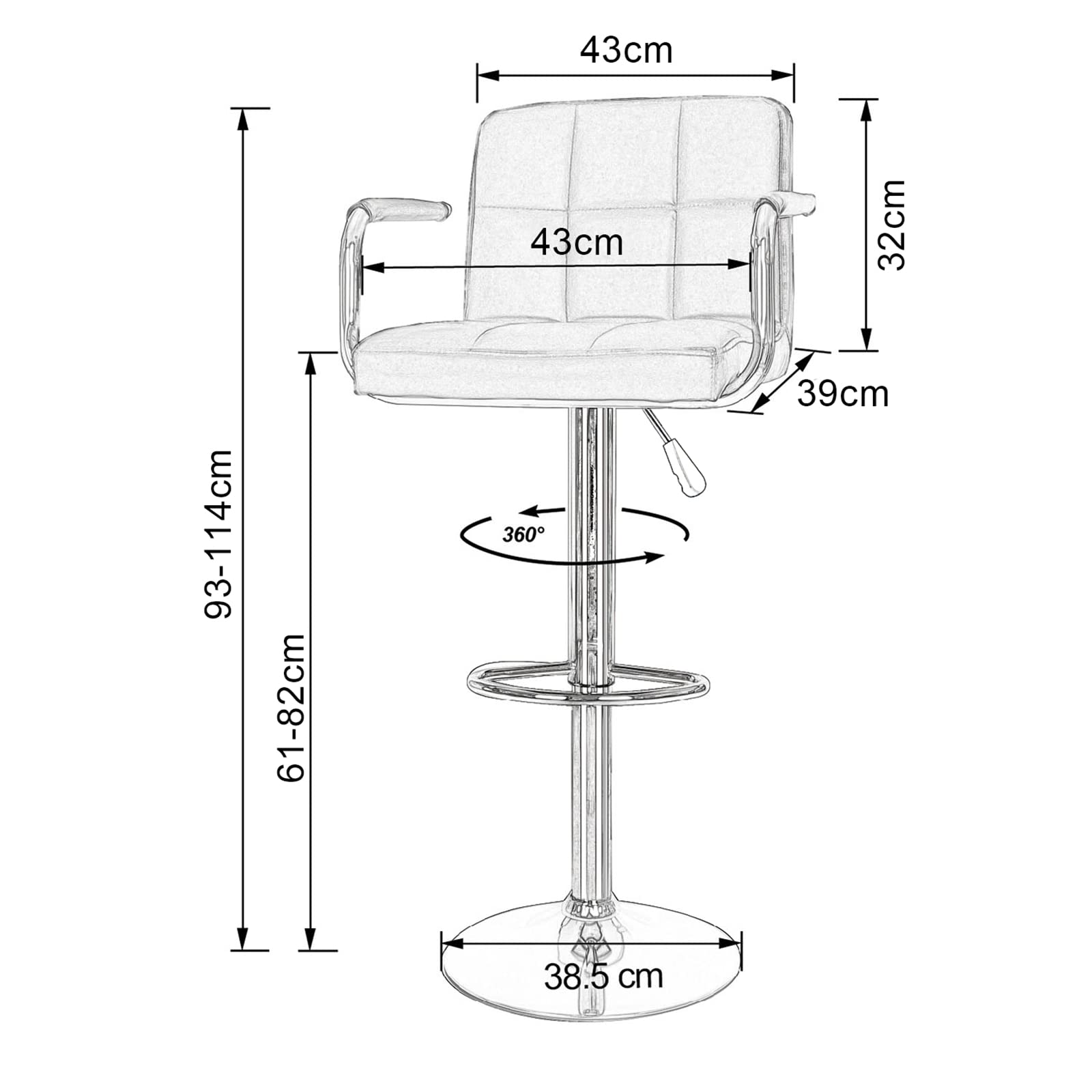 EUCO Set of 2 Swivel Bar Stools with Armrests & Back Support - Adjustable Height Leather Kitchen Stools for Breakfast Bar, Counter or Island - Perfect for Home Kitchen, Dining Room & Entertainment Areas