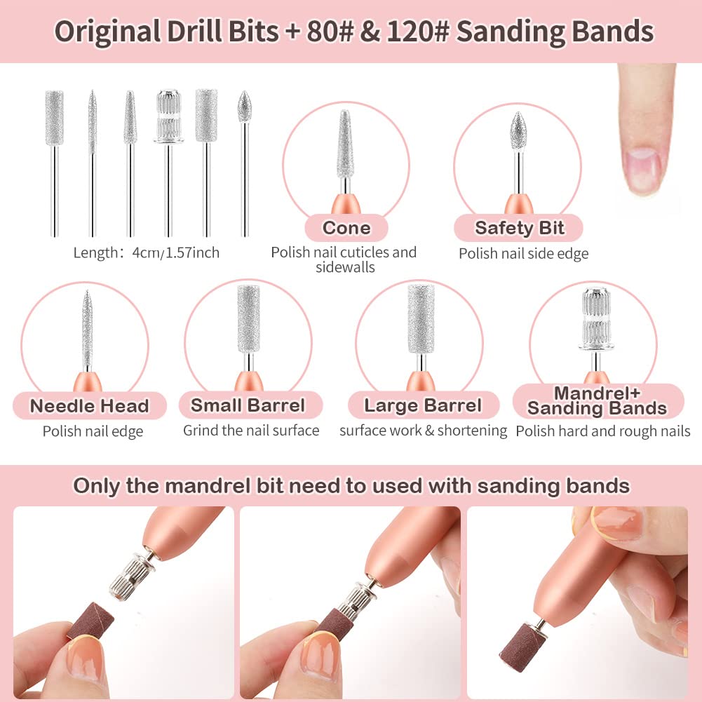 Professional Electric Nail Drill Set - USB Portable Nail Filer Machine with 6 Drill Bits & Sanding Bands | Manicure Pedicure Kit for Acrylic, Gel & Polygel Nails | Perfect for Home Salon & Nail Art Enthusiasts
