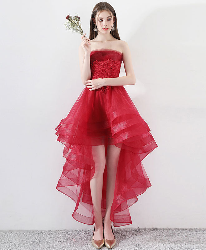 Elegant Burgundy Tulle Lace High-Low Prom Dress with Lace Details - Perfect for Homecoming, Prom Night & Special Occasions