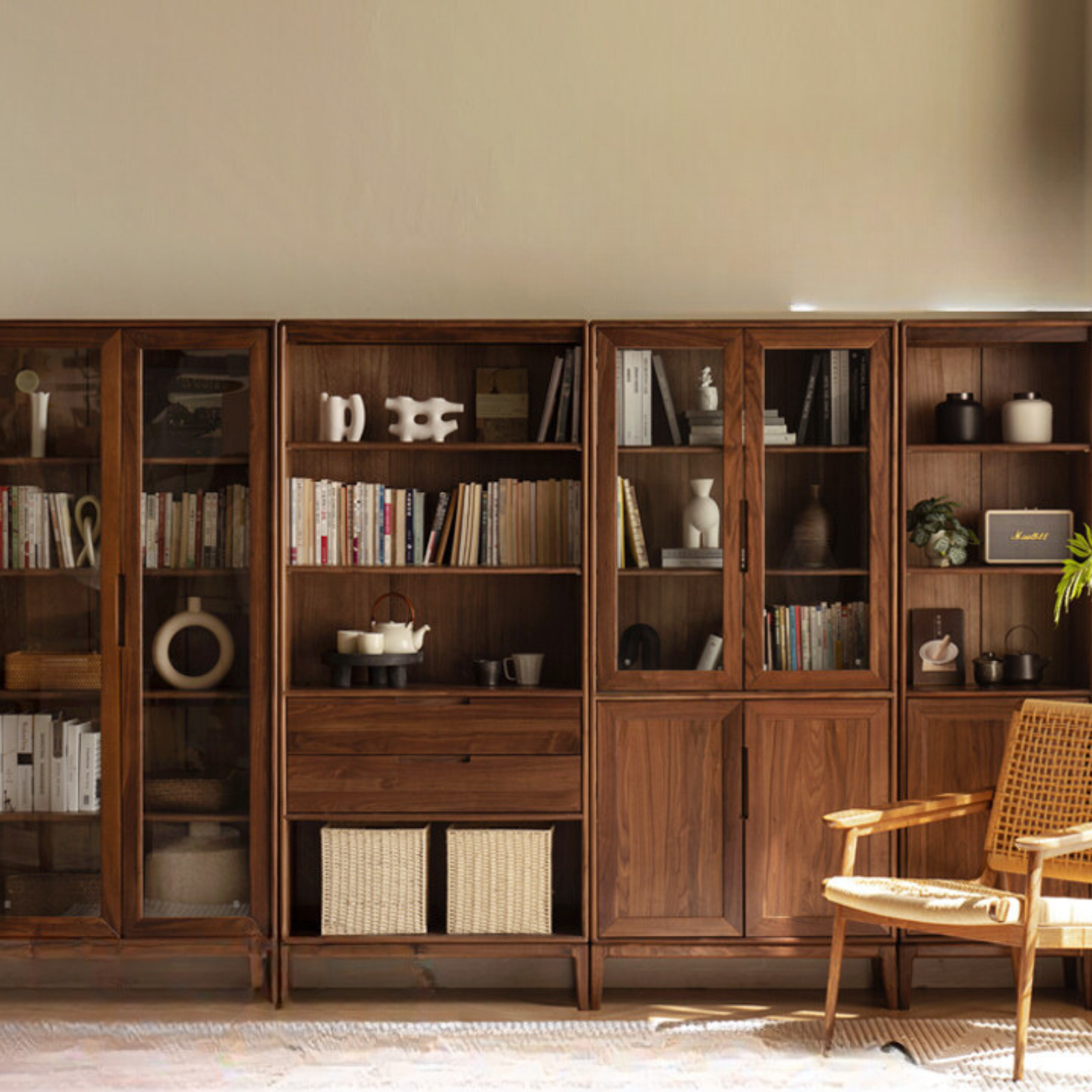 Premium Black Walnut & Ash Solid Wood Bookcase with Dust-Proof Glass Doors - Stylish Home Office & Living Room Storage Solution