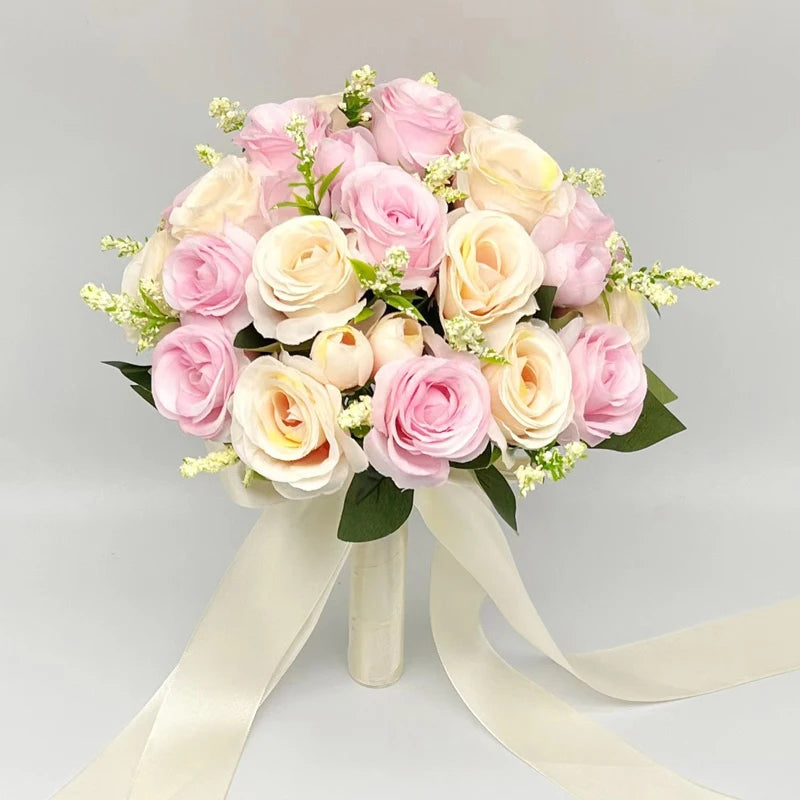 Artificial Silk Rose Wedding Bouquet with Satin Ribbon - Elegant Bridal Bouquet for Wedding, Bridal Shower, Anniversary & Home Decor