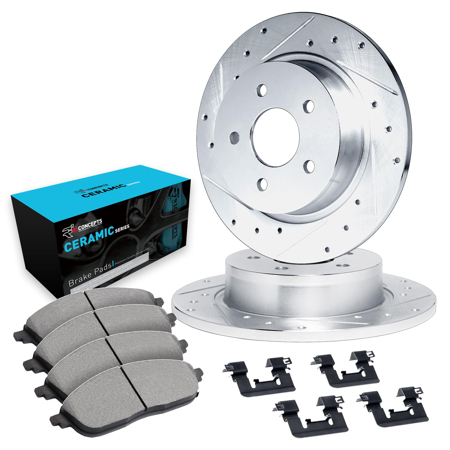 R1 Concepts Rear Brake Pads and Rotors Kit - Ceramic Brake Pads & Drilled/Slotted Rotors with Hardware Kit (REC.46025.02) | Perfect for Sedans, SUVs & Trucks | Smooth Stopping Power & Reduced Noise