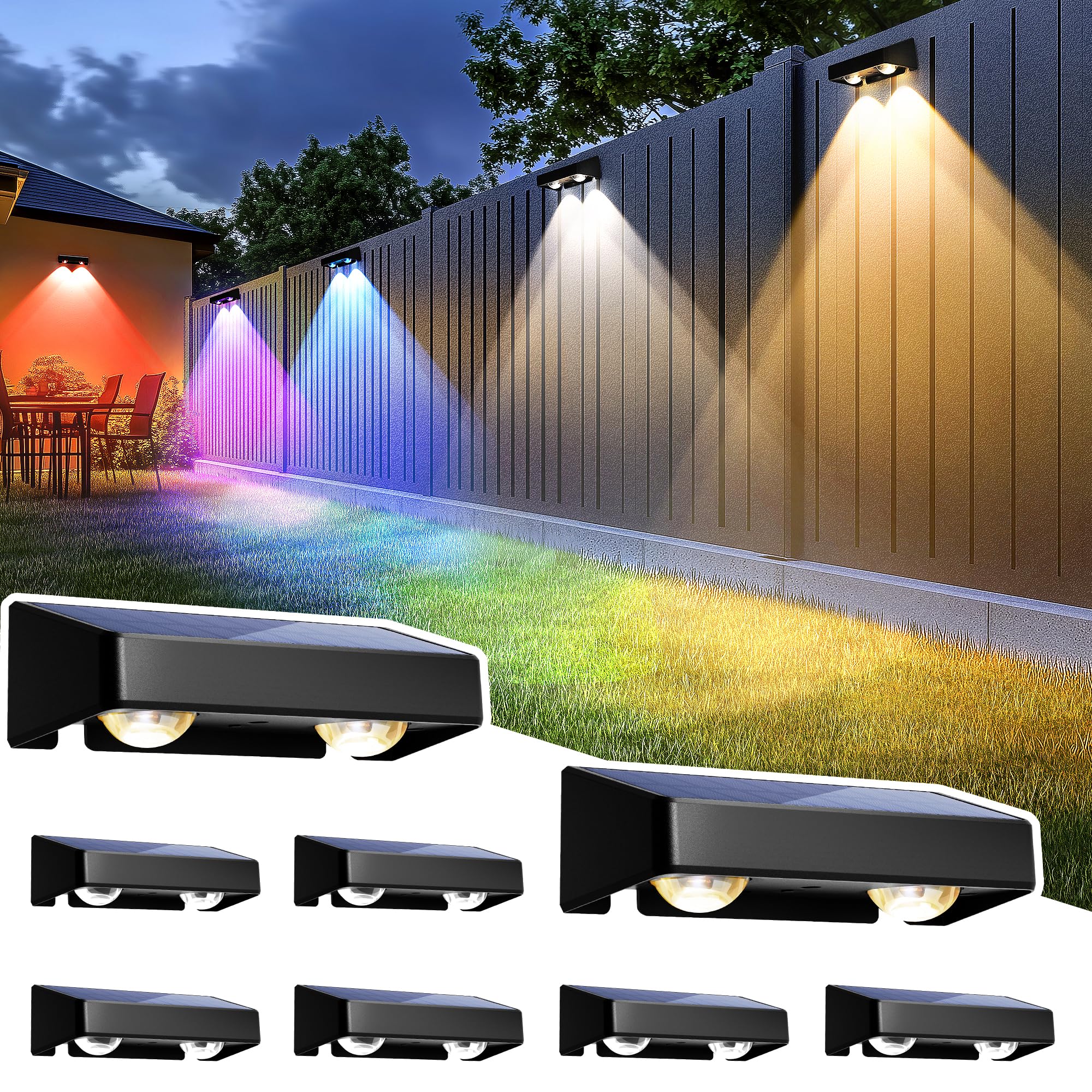 SOLPEX Solar Fence Lights Outdoor - 9 Fixed Colors & Color Changing LED Solar Lights, Waterproof IP65 for Deck, Backyard, Wall, Step, Patio, Railing, Pool, Porch - Perfect for Landscape Lighting, Garden Decor, Pathway Illumination (8 Pack)