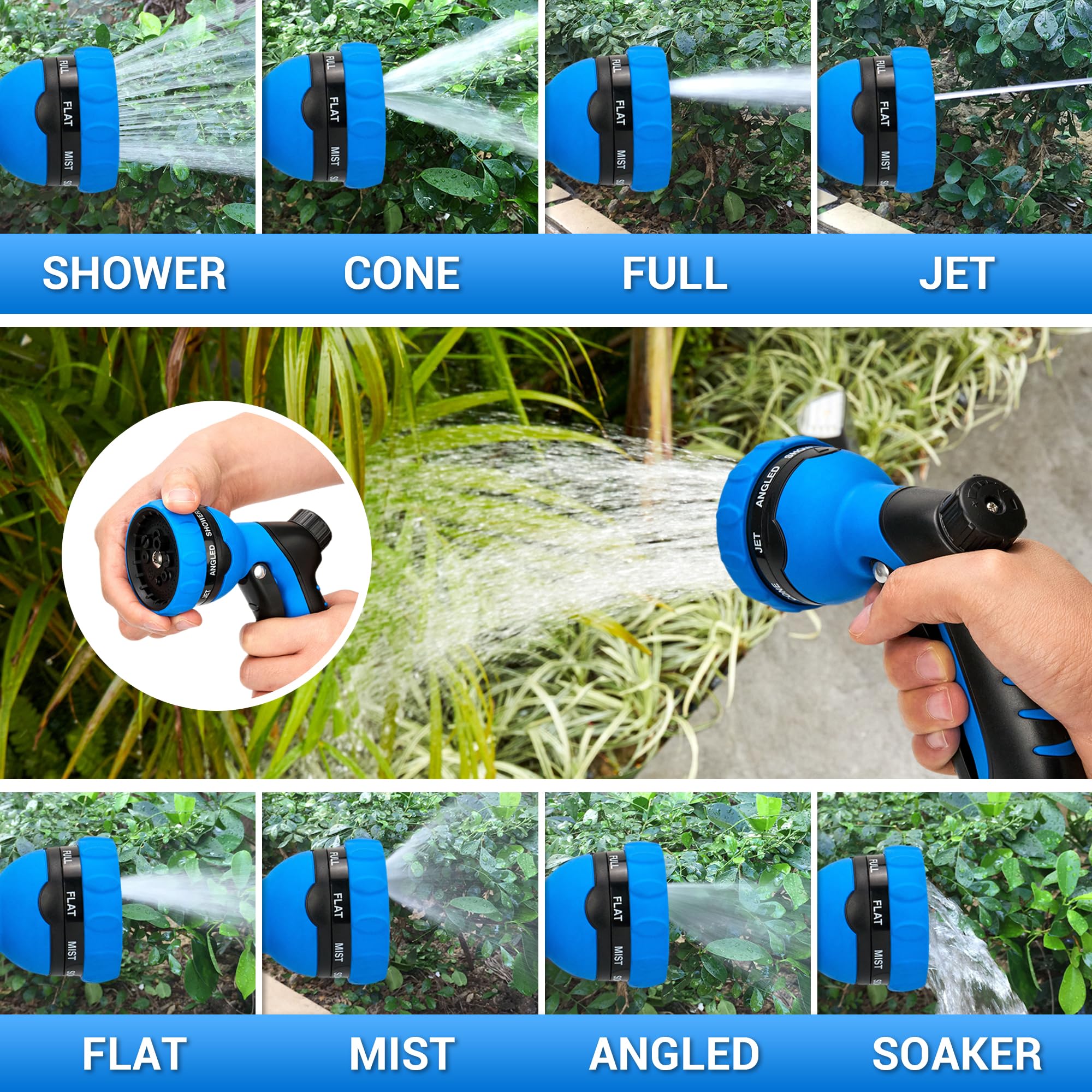 NGreen Heavy Duty Garden Hose Nozzle - 8 Adjustable Water Spray Patterns, Ergonomic Non-Slip Grip for Plant Watering, Pet Bathing, Car Washing & Outdoor Cleaning (Blue) | Perfect for Lawn Care, Gardening, and Home Maintenance