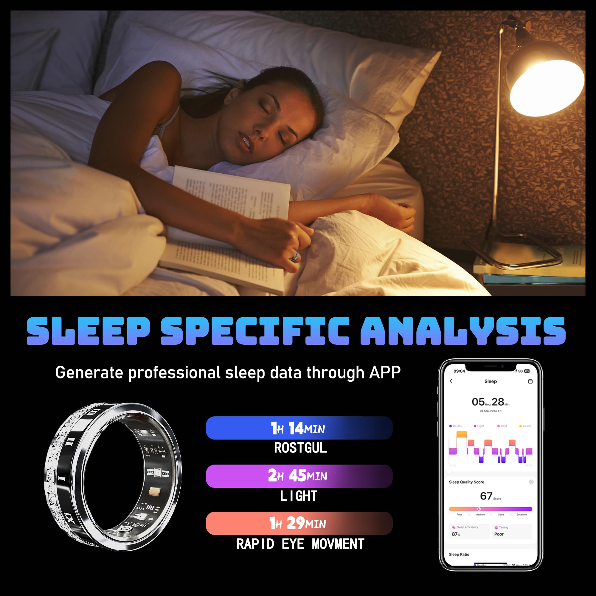 Smart Ring Fitness Tracker - Heart Rate, Blood Oxygen & Sleep Monitor with Blood Pressure Tracking, IP68 Waterproof, iOS/Android Compatible, Remote Camera Control & Family Care Features - Diamond Style Fashion Accessory for Workouts, Sleep Analysis & Daily Health Monitoring (Size 10)