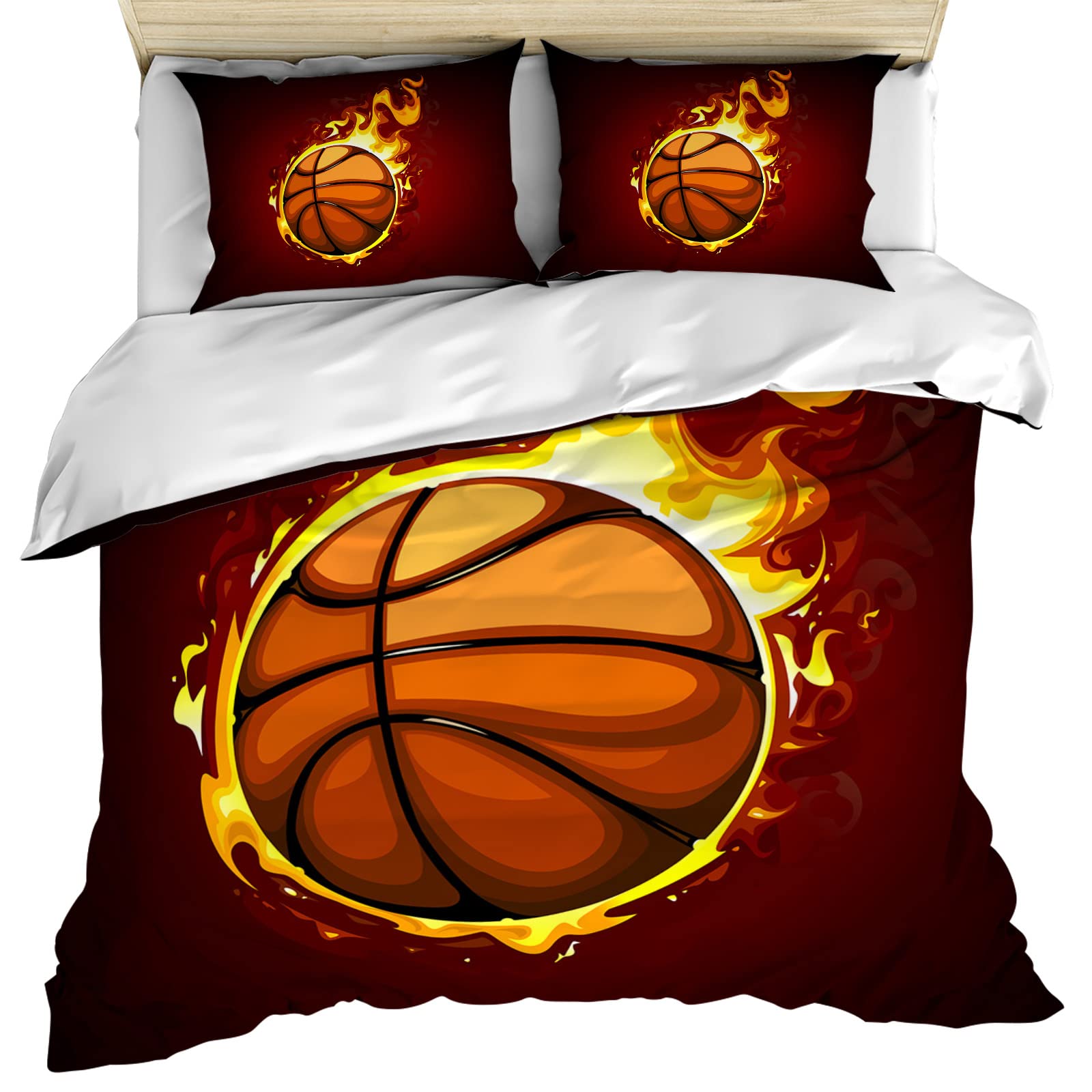 Queen Size Basketball Duvet Cover Set - 3 Piece Flame Black Microfiber Bedding with 2 Pillowcases & 1 Quilt Cover (90