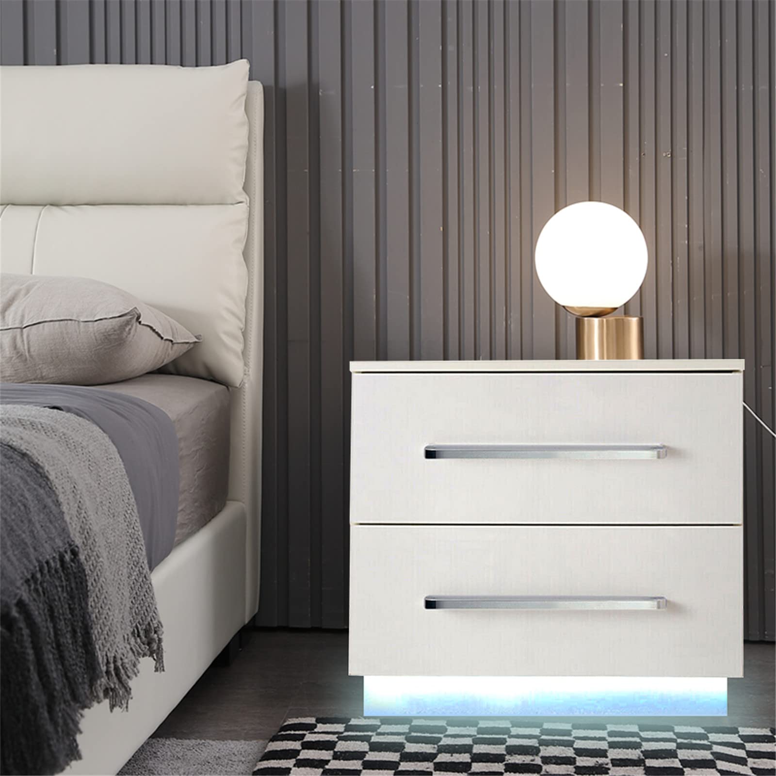 Modern RGB LED Nightstand with 2 Drawers - High Gloss Storage Cabinet with Remote Control - Multi-Purpose End Table Organizer for Bedroom & Living Room - White Home Furniture for Ambient Lighting & Smart Storage Solutions