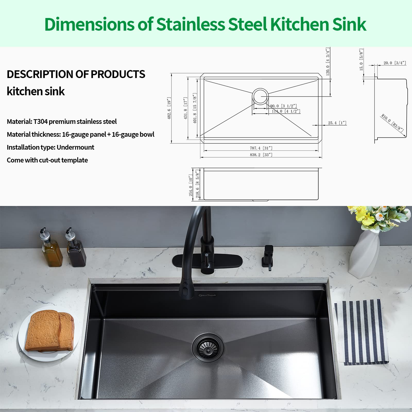 33 x 19 x 10 Inch Undermount Kitchen Sink - 16 Gauge Stainless Steel Single Bowl Workstation Sink with Cutting Board in Gunmetal Black | Perfect for Modern Kitchens, Food Prep & Dishwashing