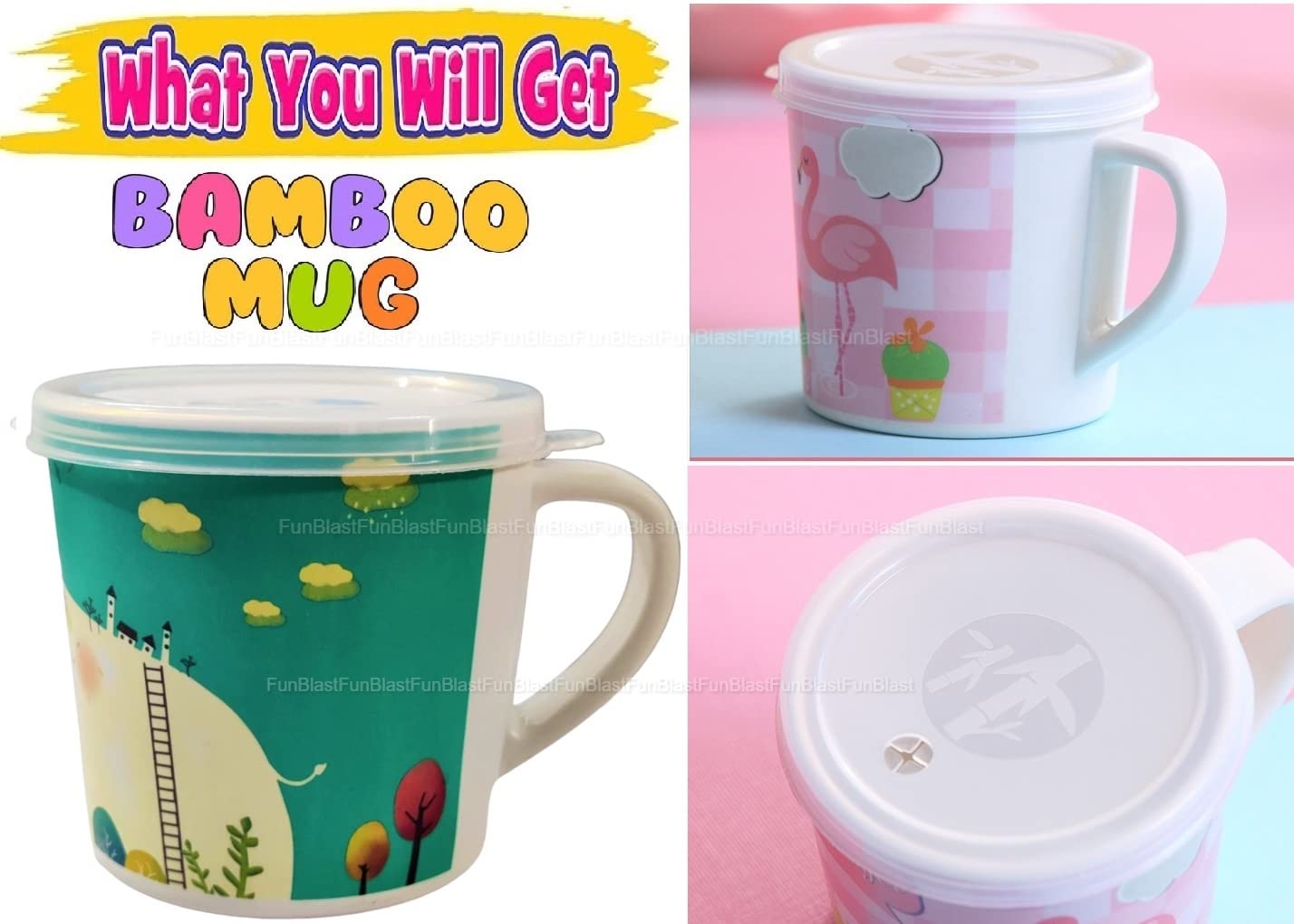FunBlast Kids Milk Mug – BPA-Free Cartoon Elephant Design with Lid & Handle, 260ml Bamboo Fiber Cup for Toddlers & Children – Perfect for School, Travel, and Home Use