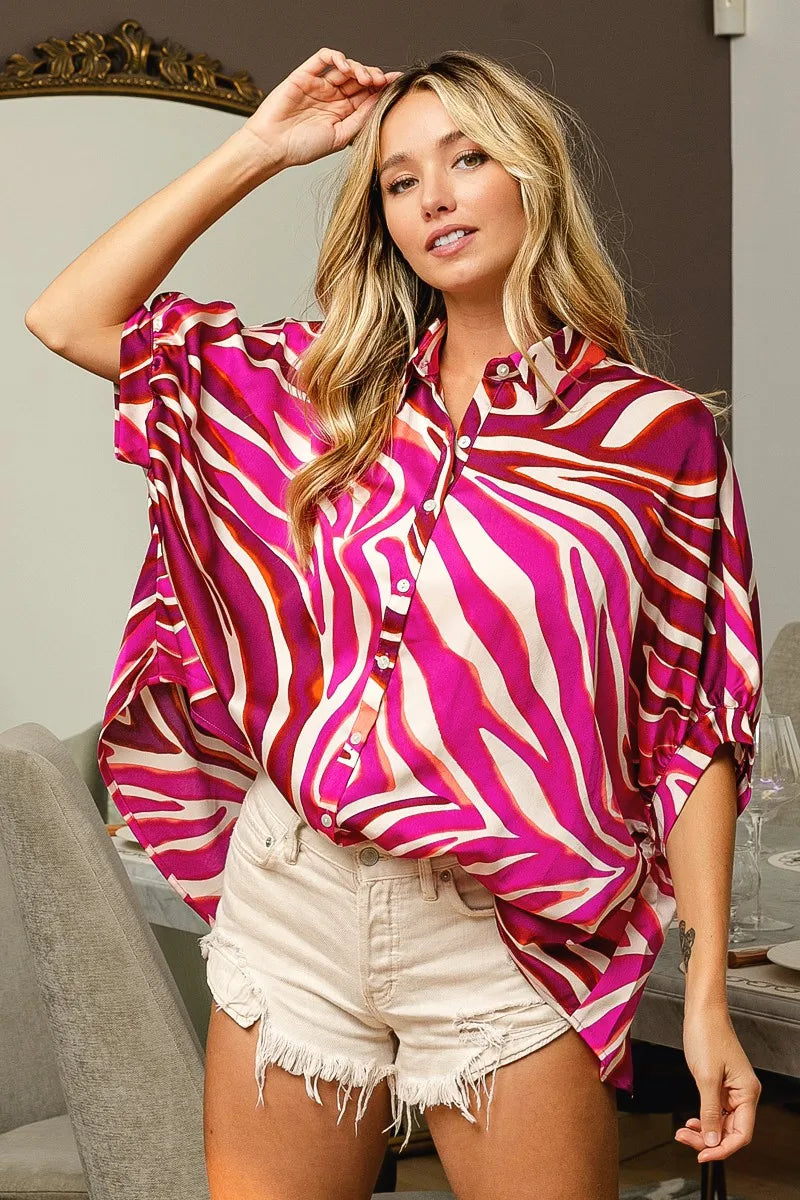 BiBi Zebra Print Dolman Sleeve Silky Satin Blouse for Women | Elegant Party Top & Office Wear