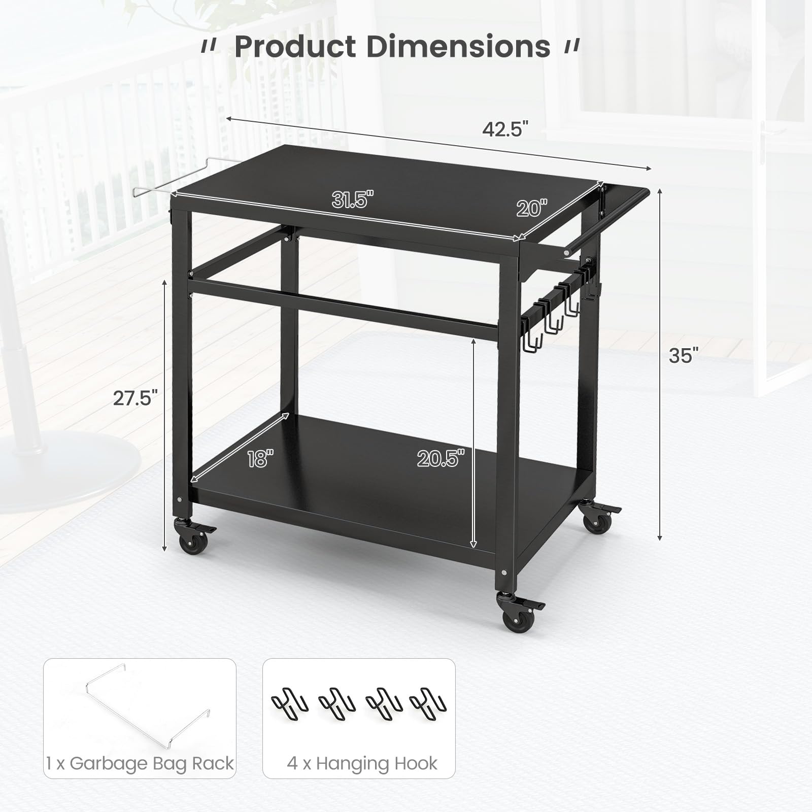 Giantex Outdoor Grill Cart with Lockable Wheels - Double Shelf BBQ Prep Table, Pizza Oven Stand with Garbage Bag Holder & Removable Hooks | Portable Kitchen Cart for Backyard BBQ, Camping, Tailgating & Outdoor Dining Parties