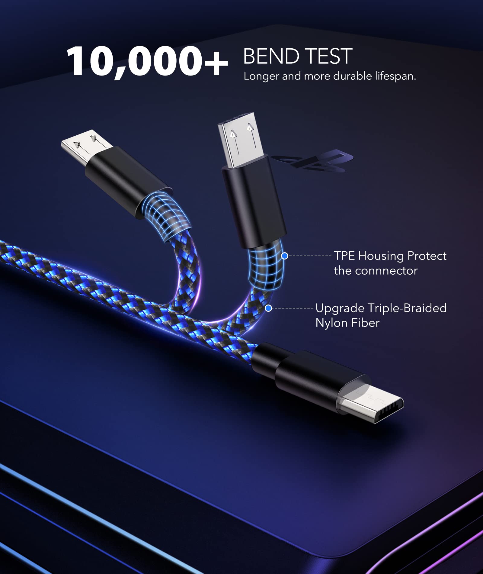 4-Pack Durable Nylon Braided 10ft Micro USB Charging Cable for PS4 Controller - Fast Charging & Data Sync - Perfect for Gaming, Home Entertainment & Office Use