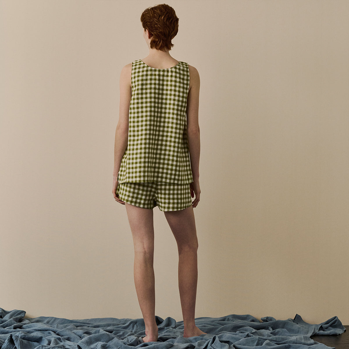 Botanical Green Gingham Linen Cami Top and Shorts Set - Women's Summer Outfit for Beach, Vacation & Casual Wear