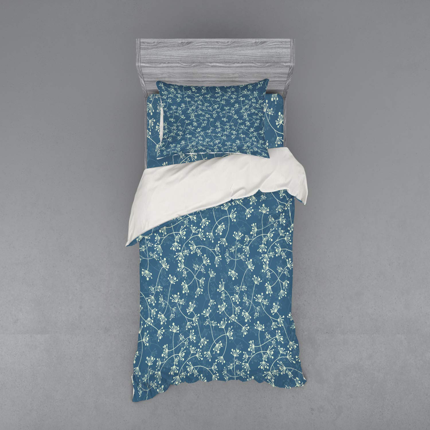 Ambesonne Floral Duvet Cover Set | Nature Inspired Twiggy Plants & Petals Spring Design | 3-Piece Bedding Set with Sham & Fitted Sheet | Twin XL Size | Pale Green Slate Blue | Perfect for Spring Bedroom Decor & Guest Room Styling