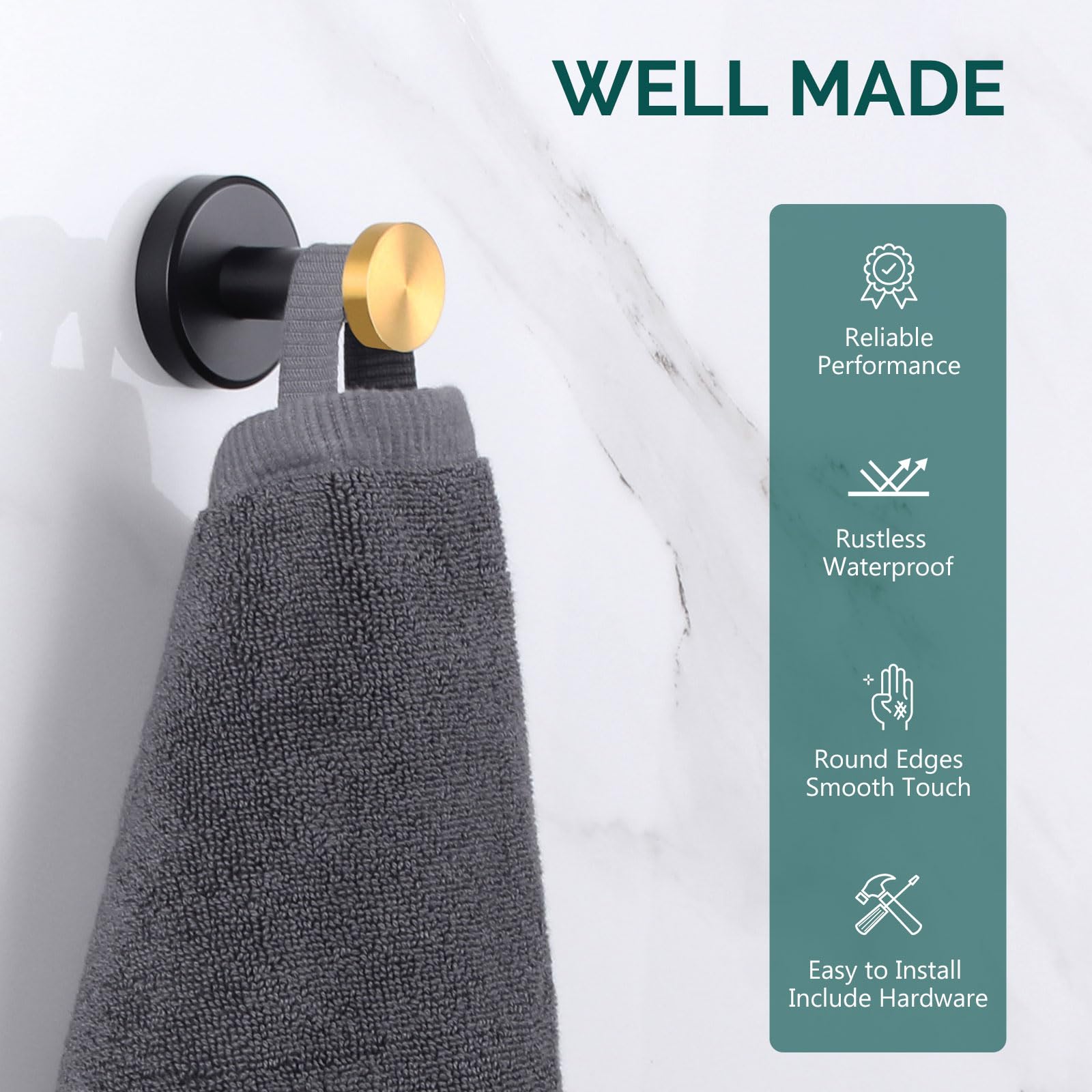 Stainless Steel Wall Hook - Black & Gold SUS304 Bathroom Towel Holder, Round Robe Hook for Hand Towels & Robes - Perfect for Bathroom, Kitchen, Bedroom & Entryway Organization