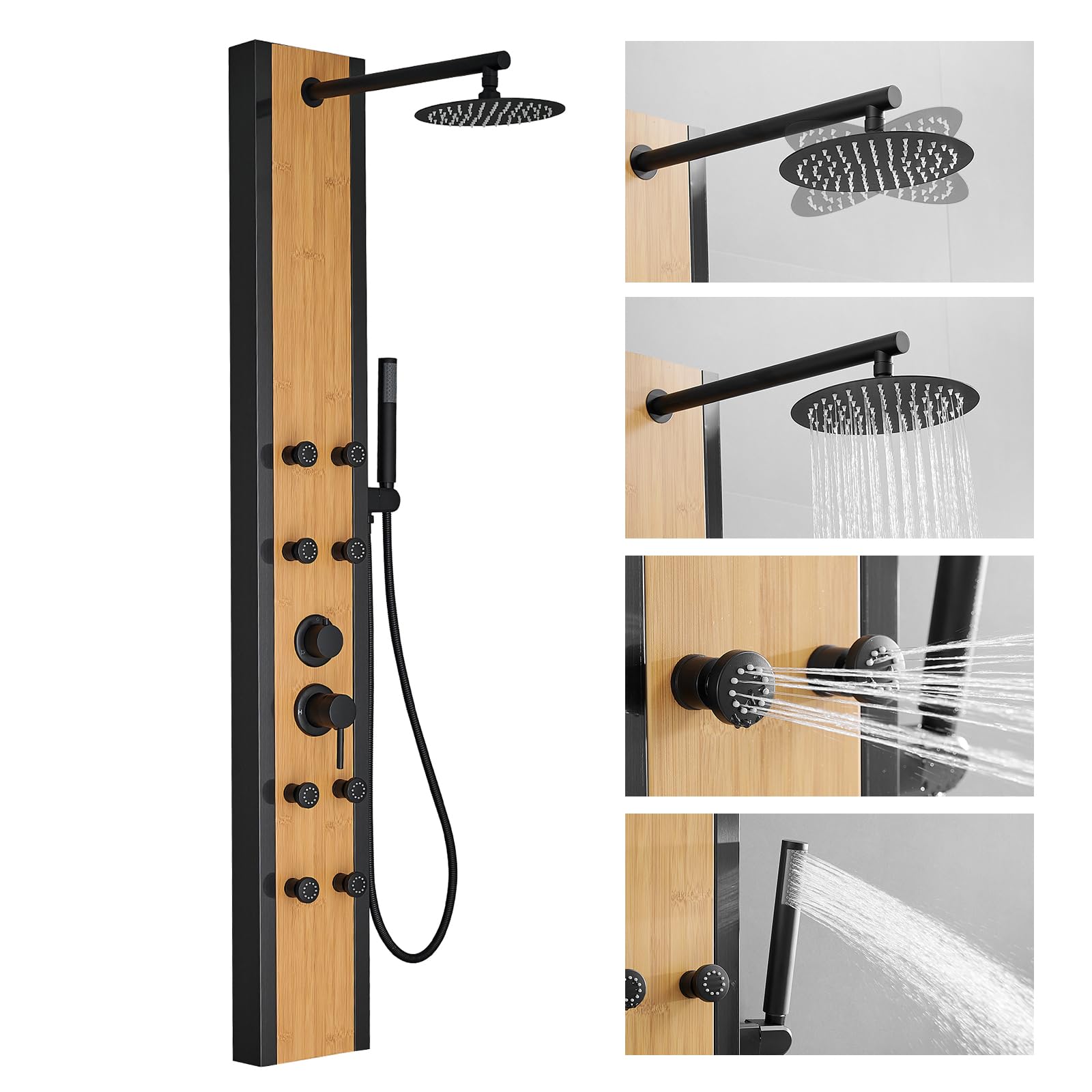 Premium Black Shower Tower with Natural Wood Accents - 304 Stainless Steel Shower Panel System Featuring 8-inch Rainfall Showerhead & 4 Massage Body Jets - Perfect for Home, Hotel, and Luxury Bathroom Renovations - Creates Spa-like Experience for Relaxation and Refreshment