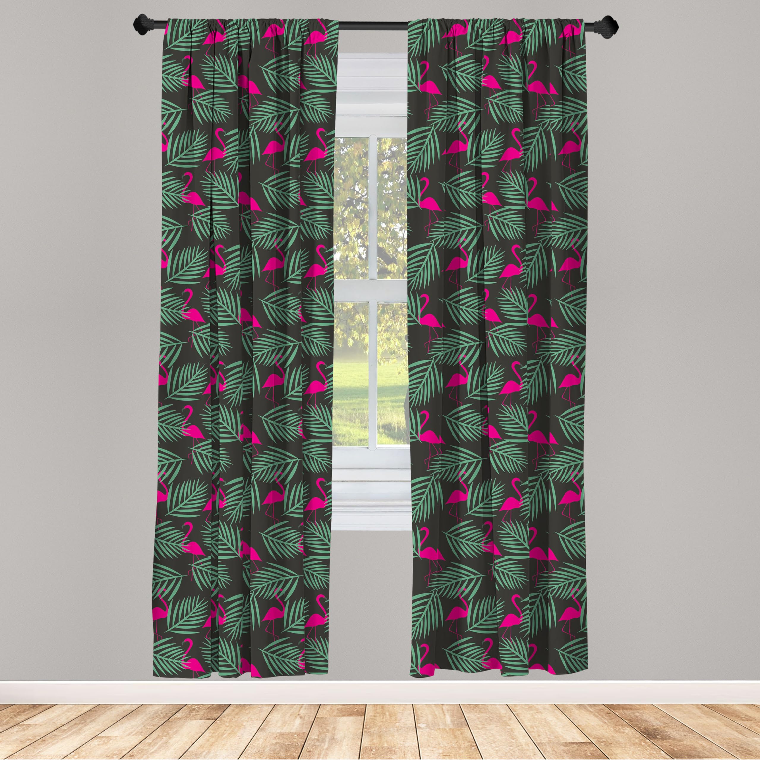 Ambesonne Flamingo & Zoo Animal Print Curtains - Pink, Green, Black Vibrant Tropical Design, 2 Panel Set (28