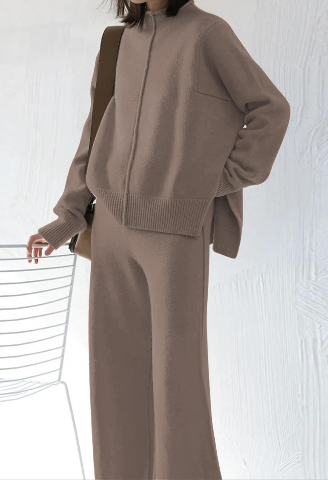 Linsery Women's 2-Piece Knit Sweater Set - High Neck Pullover & Wide Leg Lounge Pants | Cozy Winter Outfit for Home, Office & Casual Wear