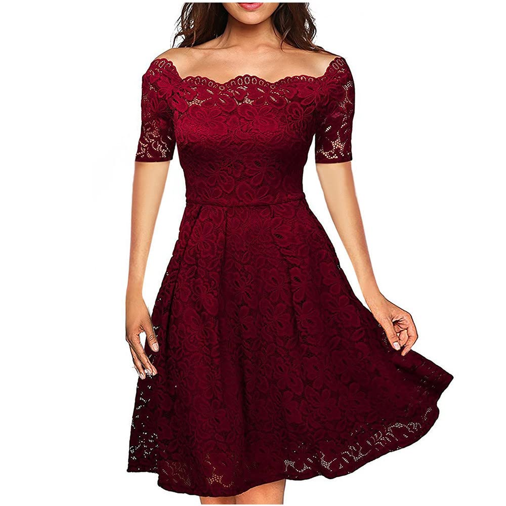 Vintage Floral Lace Swing Dress for Women - Short Sleeve Boat Neck Cocktail Party Mini Dress | Perfect for Homecoming, Formal Events & Date Nights