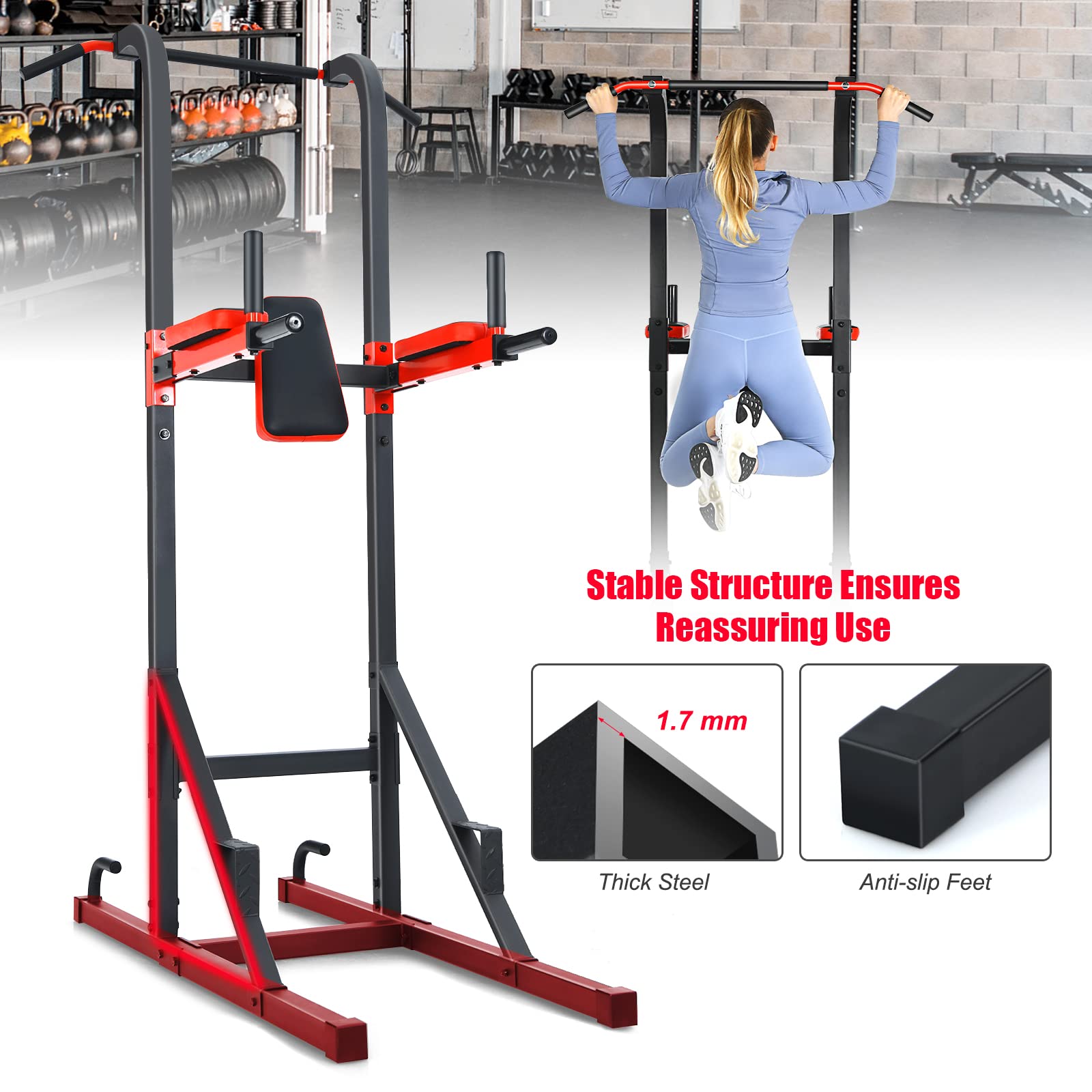 GYMAX Heavy-Duty Power Tower - Multi-Function Pull Up Bar Stand for Pull-ups, Push-ups, Dips, Leg Raises & Strength Training | Home Gym Equipment for Full-Body Workout | Perfect for Home Gym, Garage & Fitness Enthusiasts