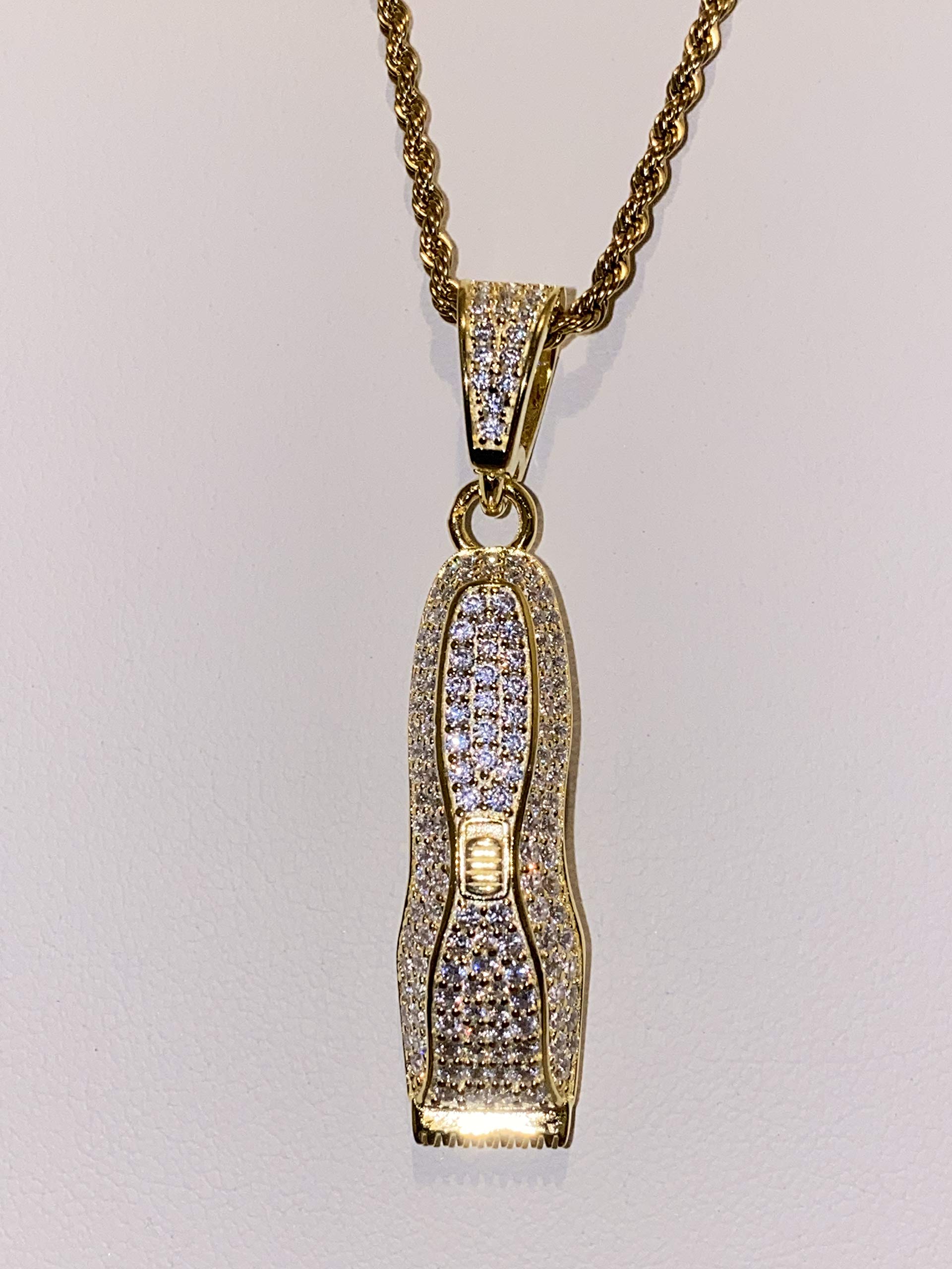 925 Sterling Silver Iced Barber Razor Charm Pendant with 2mm Stainless Steel Rope Chain Necklace for Men & Women - Italian Gold Finish, Hip Hop Jewelry, Perfect for Gifts, Parties, and Everyday Wear