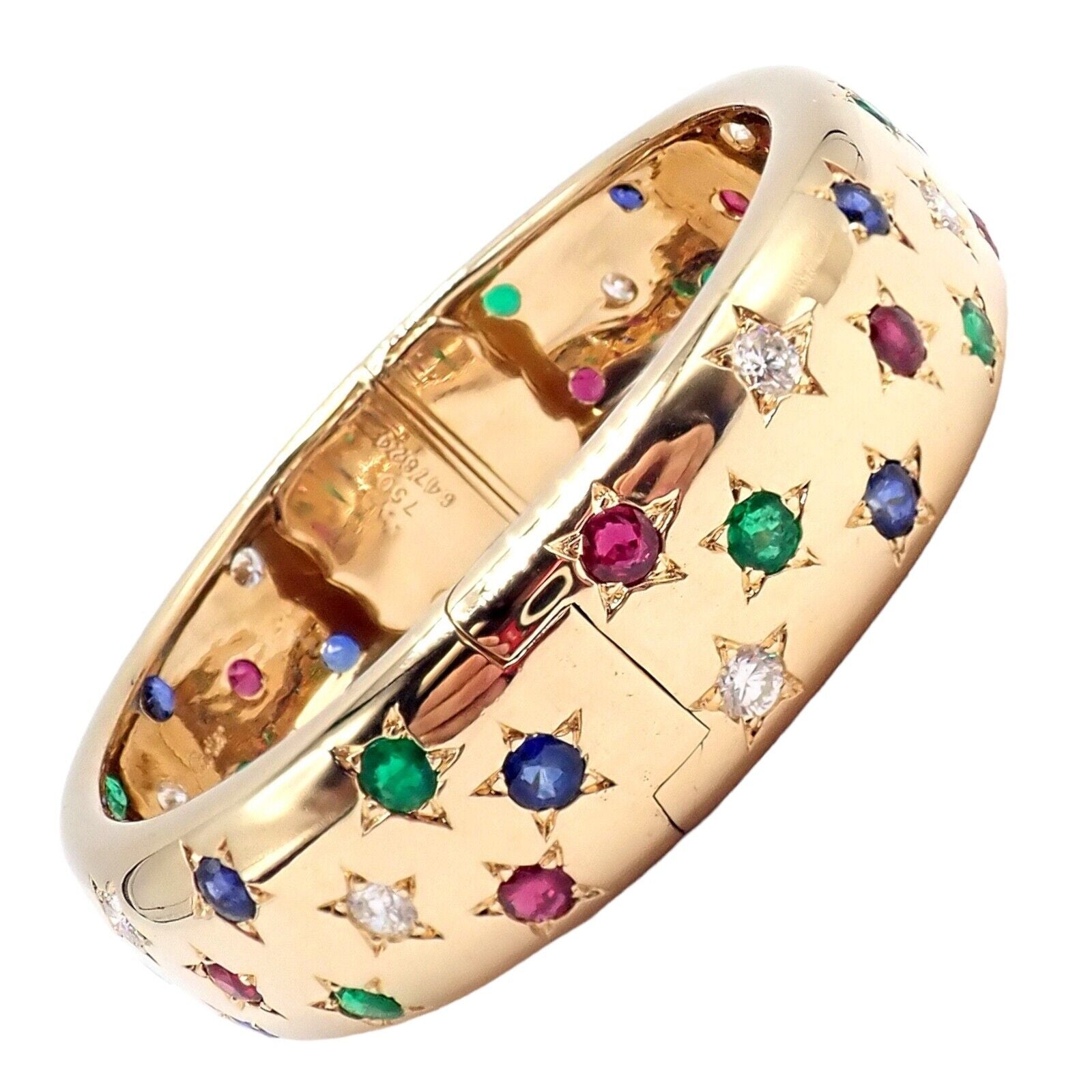 Cartier Star 18k Yellow Gold Diamond Ruby Emerald Sapphire Bangle Bracelet with Certificate - Luxury Jewelry Gift for Women, Anniversary & Special Occasions