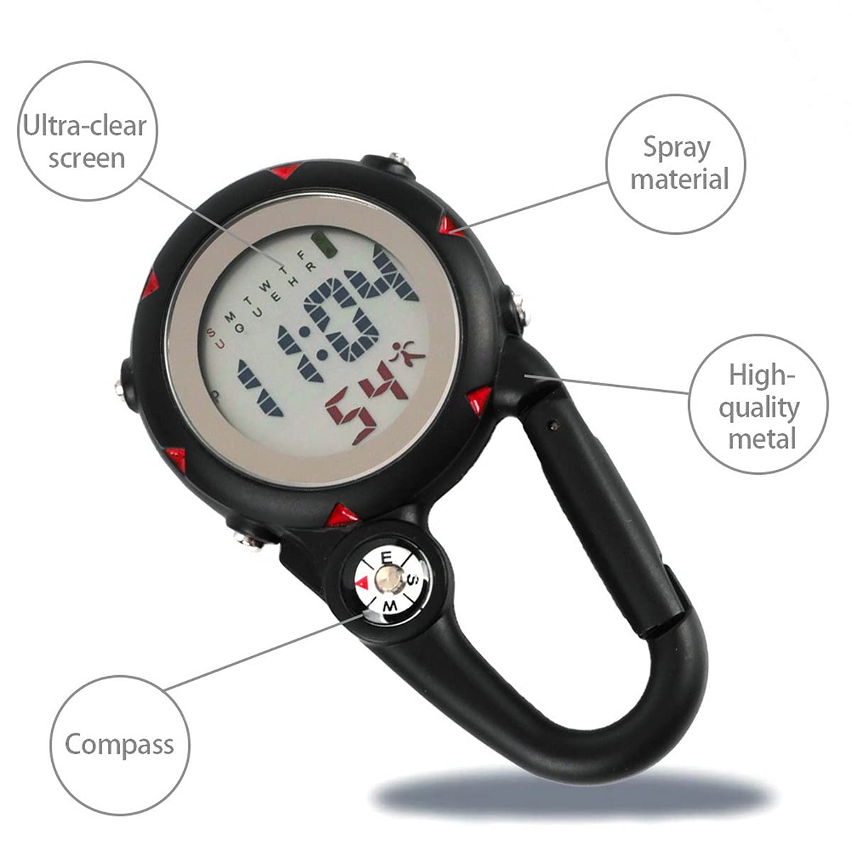 Multifunctional Clip-On Carabiner Watch with Luminous Display & Compass - Mini Quartz Outdoor Watch for Hiking, Climbing, Camping & Survival Gear