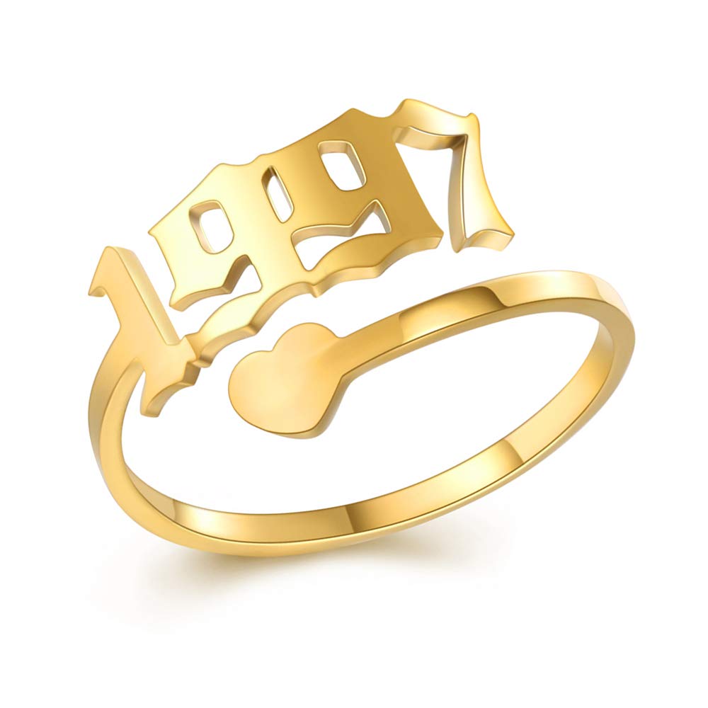 SKQIR Adjustable Initial Number Birth Year Ring for Women - Gold/Silver Stainless Steel Open Promise Ring, Engagement Wedding Band - Perfect Jewelry Gift for Girlfriend, Anniversary, Birthday (Great for Everyday Wear & Special Occasions)