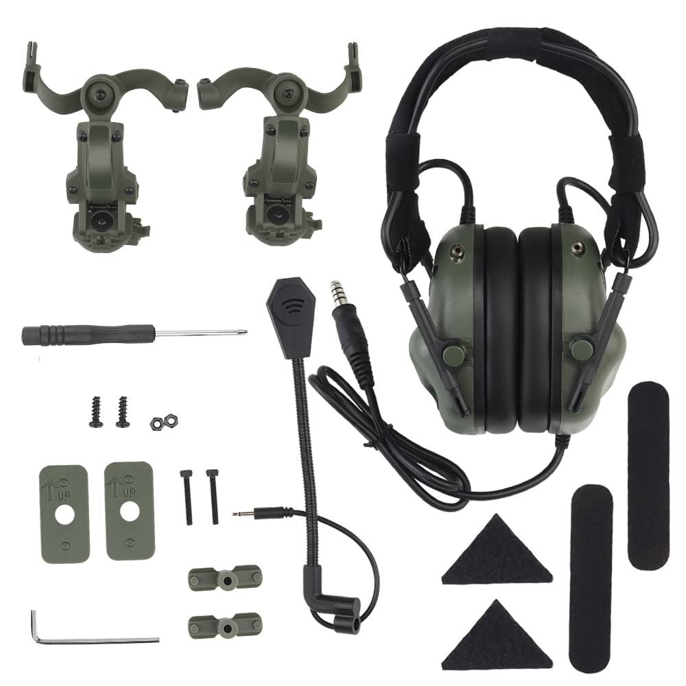 Tactical Headset with U94 PTT 2pin & ARC Rail Adapter - Compatible with Ops-Core Fast, ACH, MICH Helmets - Ideal for Airsoft, Hunting, Shooting & Military Training (Green)