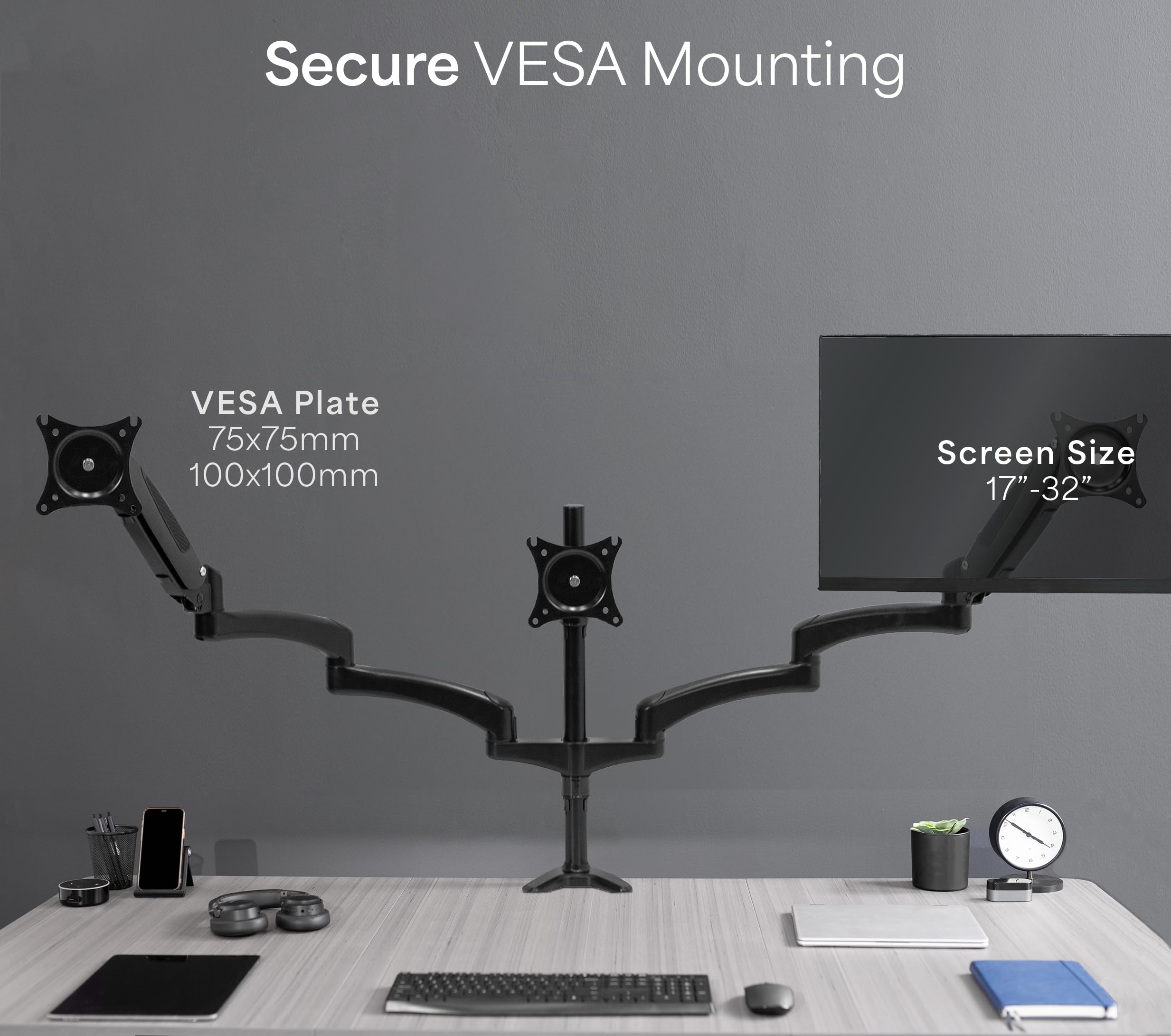 VIVO Triple Monitor Stand for 3 Screens up to 32 inches, Heavy Duty Fully Adjustable Desk Mount with C-Clamp and Grommet Base - Black (STAND-V300G) | Perfect for Home Office, Gaming Setup, and Multi-Screen Workstations