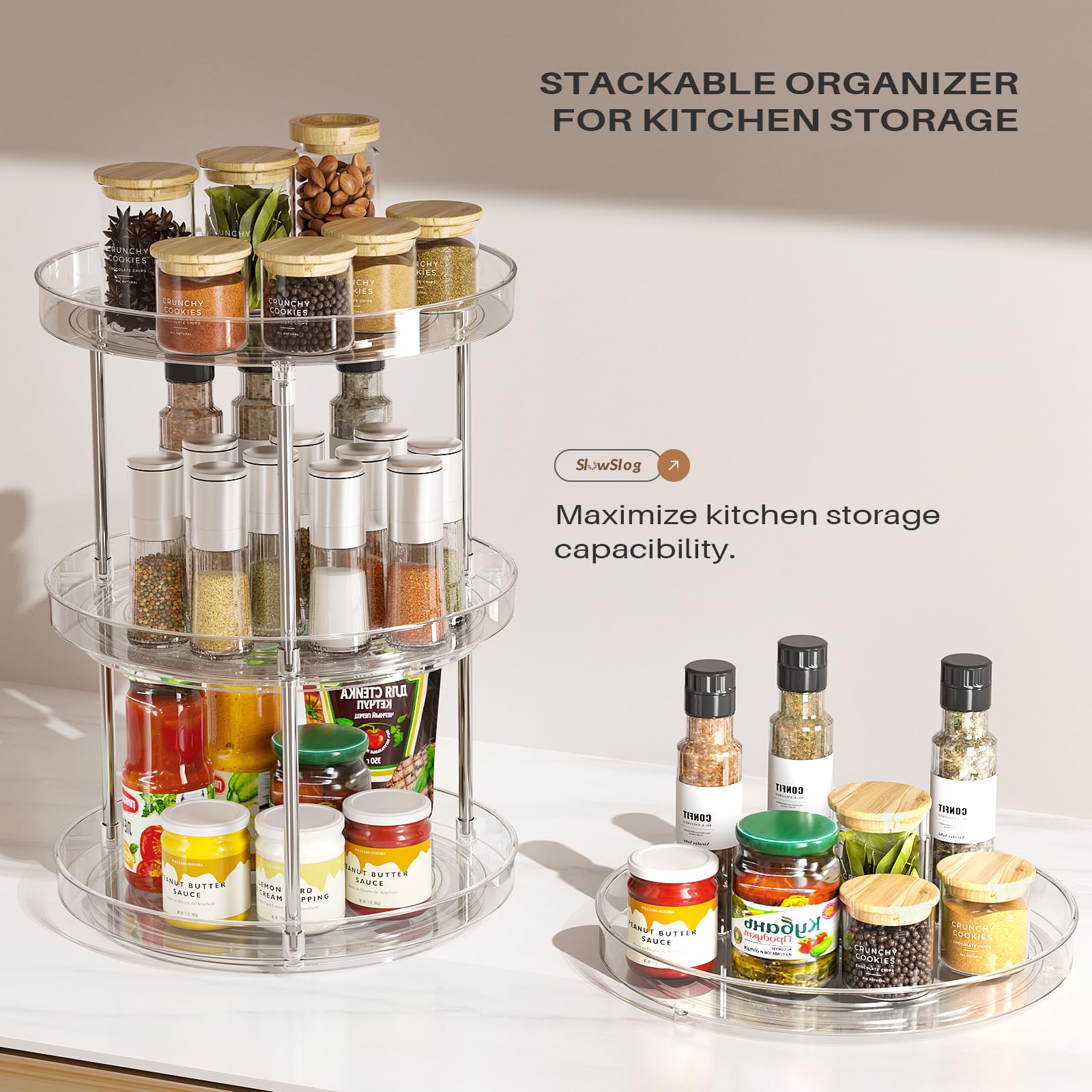 2 Tier Lazy Susan Organizer - 360° Rotating Clear Turntable for Makeup, Perfume & Kitchen Storage | Cabinet & Countertop Organizer Tray for Vanity, Bathroom & Pantry | Perfect for Small Space Organization & Easy Access to Essentials