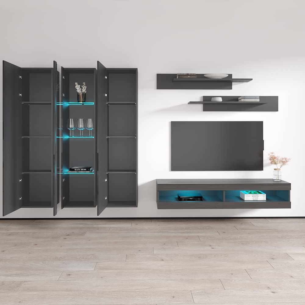 Modern Gray TV Stand with Storage & LED Lights - Wall-Mounted Entertainment Center Console for Bedroom & Living Room - Slim TV Cabinet with Shelves & Adjustable Lighting - Perfect for Small Spaces & Home Theater Setup (Model C4)